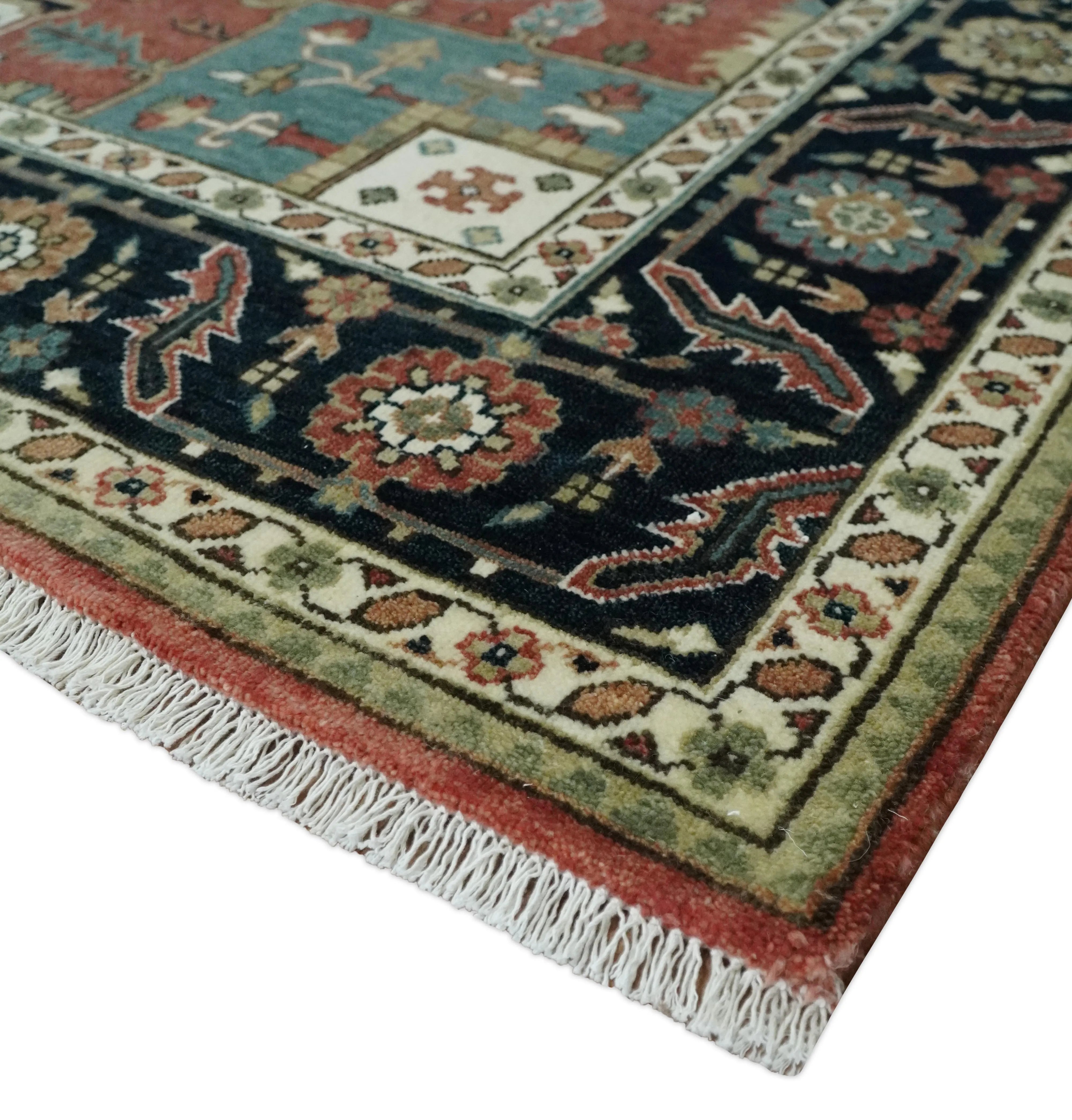 8x10 and 9x12 Wool Hand Knotted Heriz Serapi Black, Rust and Ivory Floral Area Rug | TRDCP1063