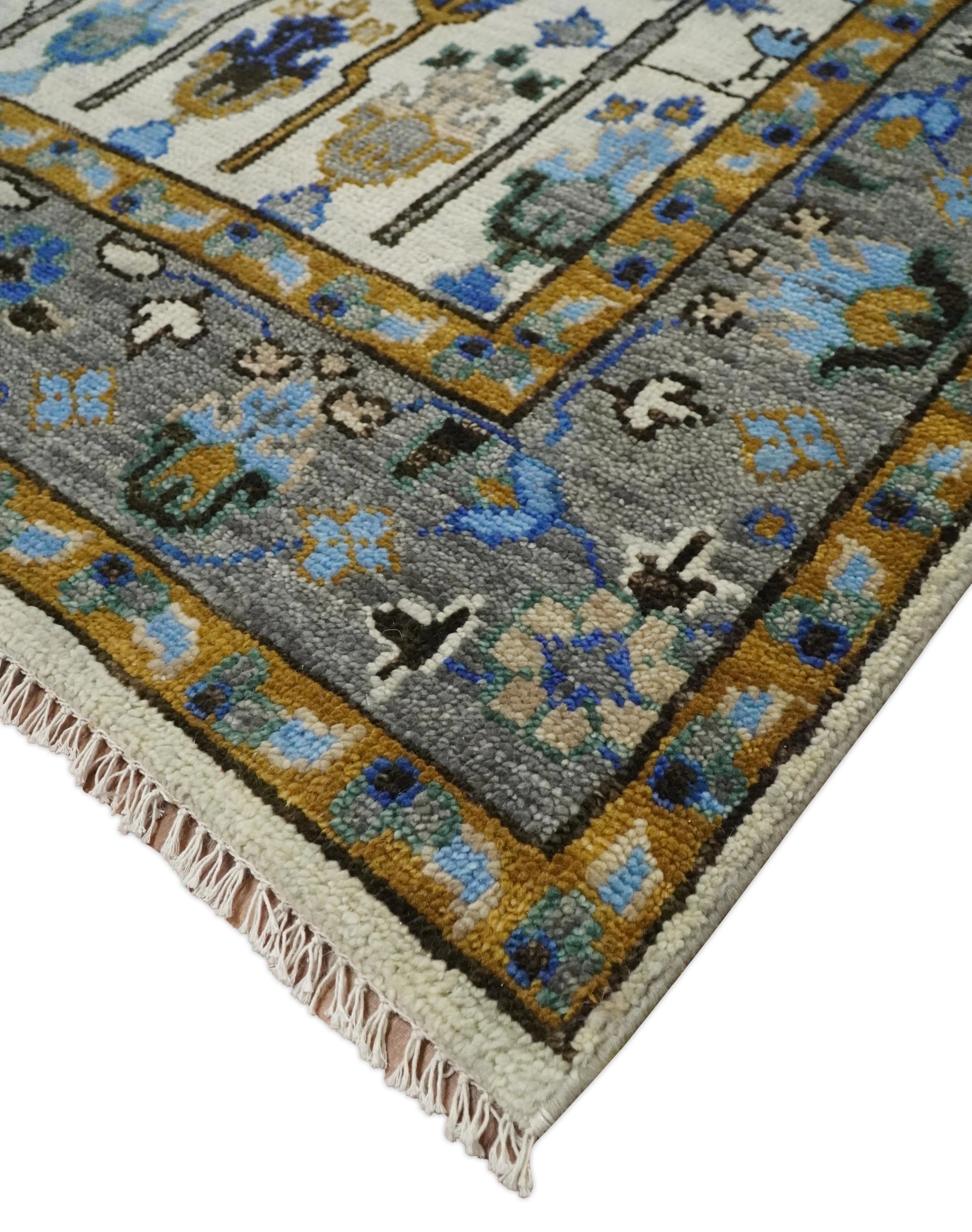 Custom Made Tree of life Hand Knotted Antique Ivory, Blue and Gray Traditional Oushak Wool area Rug