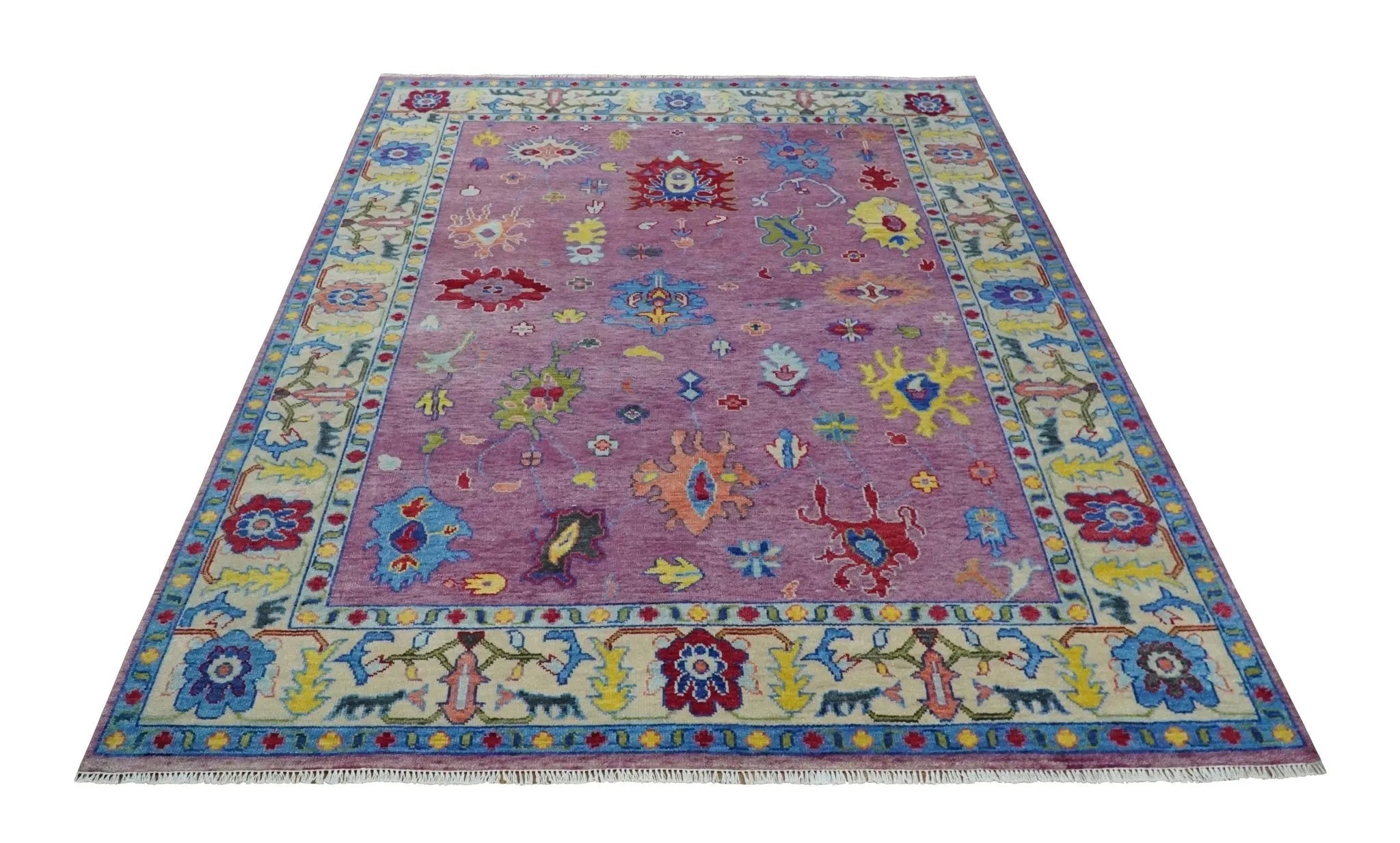 9x12 Antique Hand Knotted Purple, Beige and Blue Traditional Vintage Oushak Wool Rug | TRDCP1352912