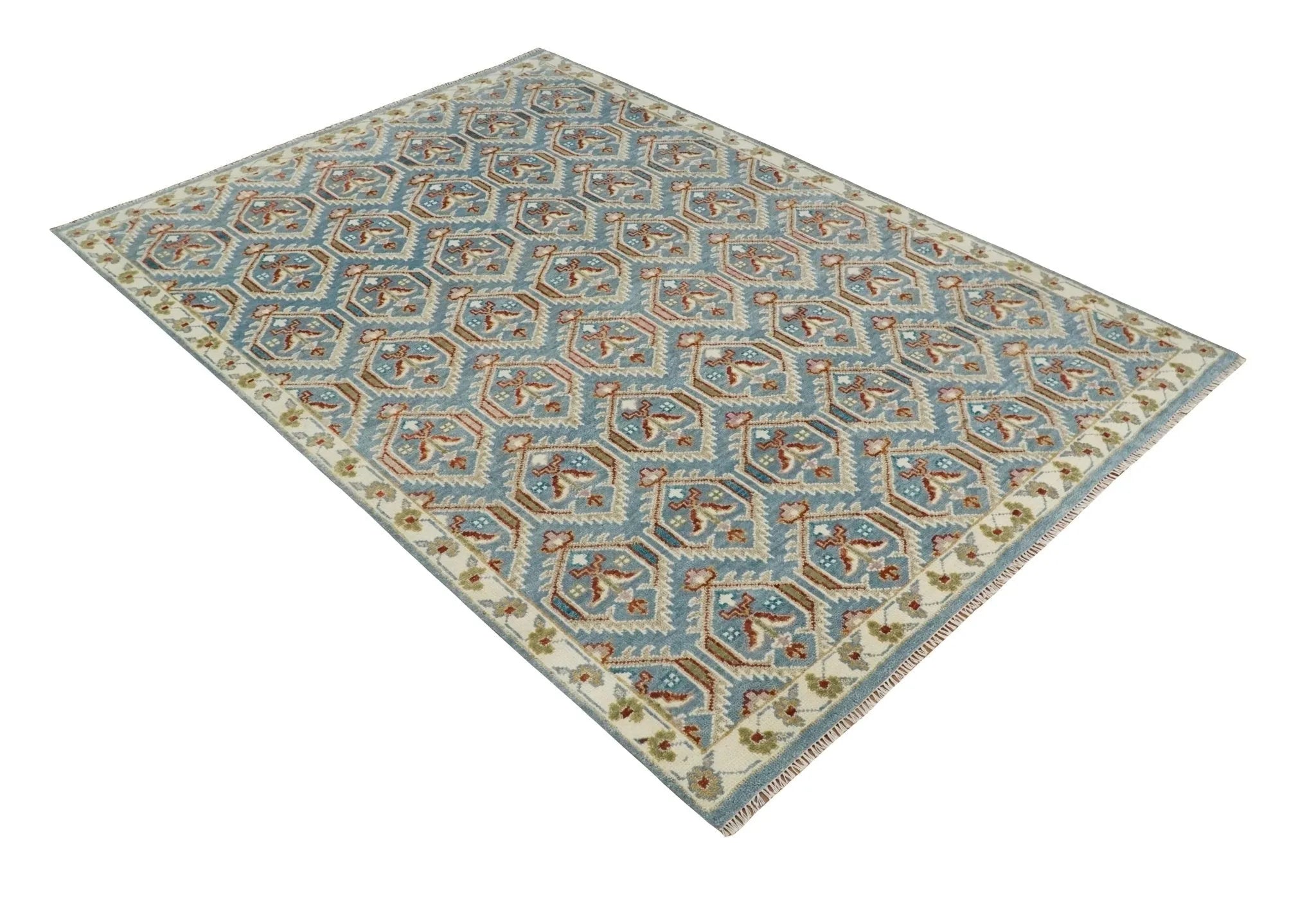 9x12 Hand Knotted Antique Blue, Beige and Rust Traditional Persian Oushak Wool Rug | TRDCP714