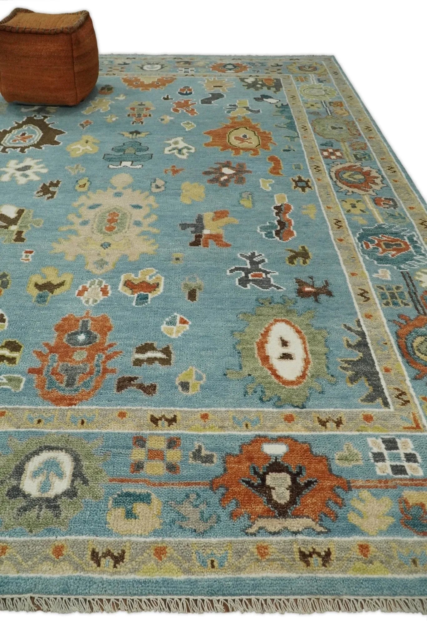 9x12 Hand Knotted Blue and Beige Traditional Vintage Persian Oushak Antique Wool Rug | TRDCP607912