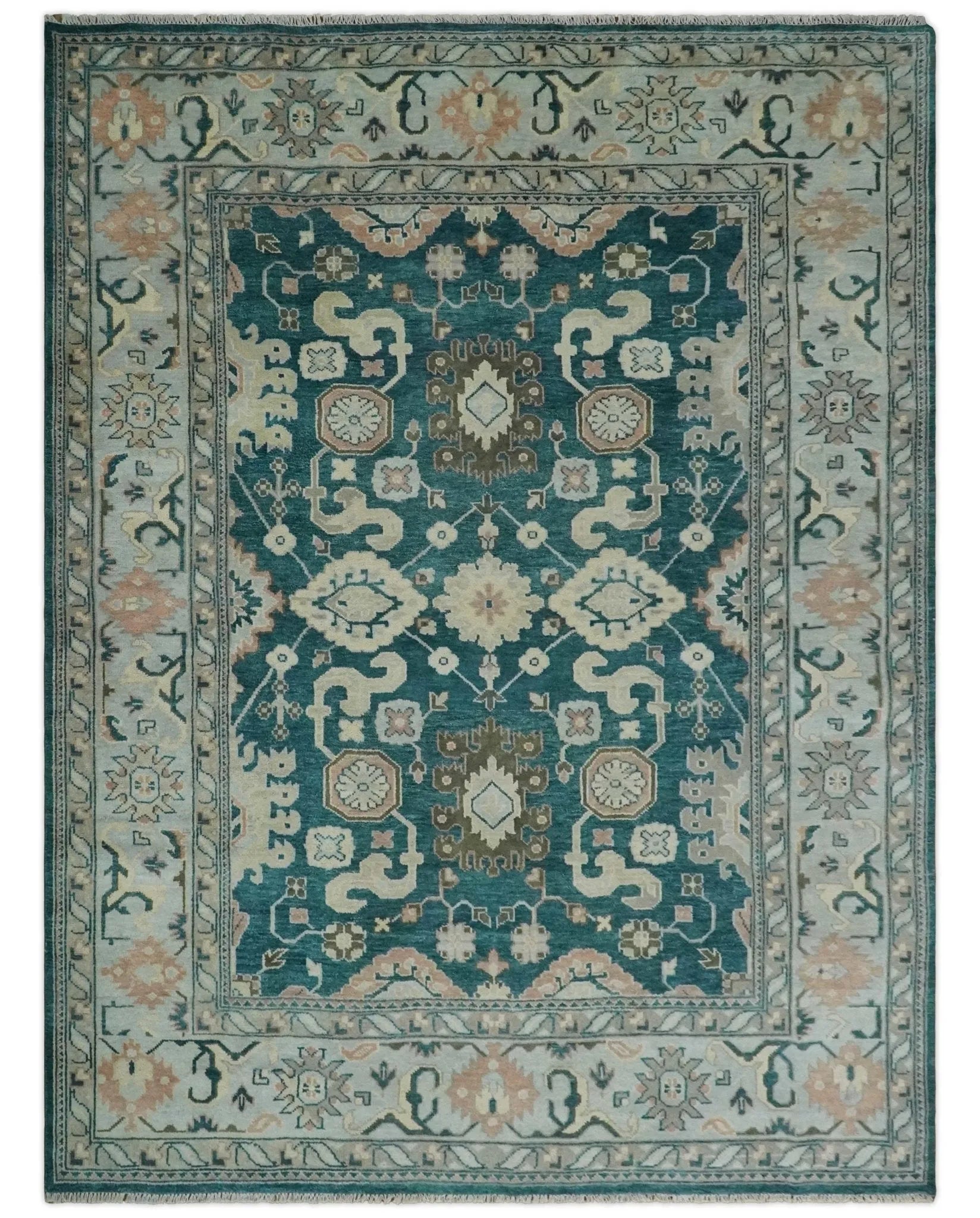 9x12 Hand Knotted Teal, Beige and Silver Traditional Persian Oushak Wool Rug | TRDCP826912