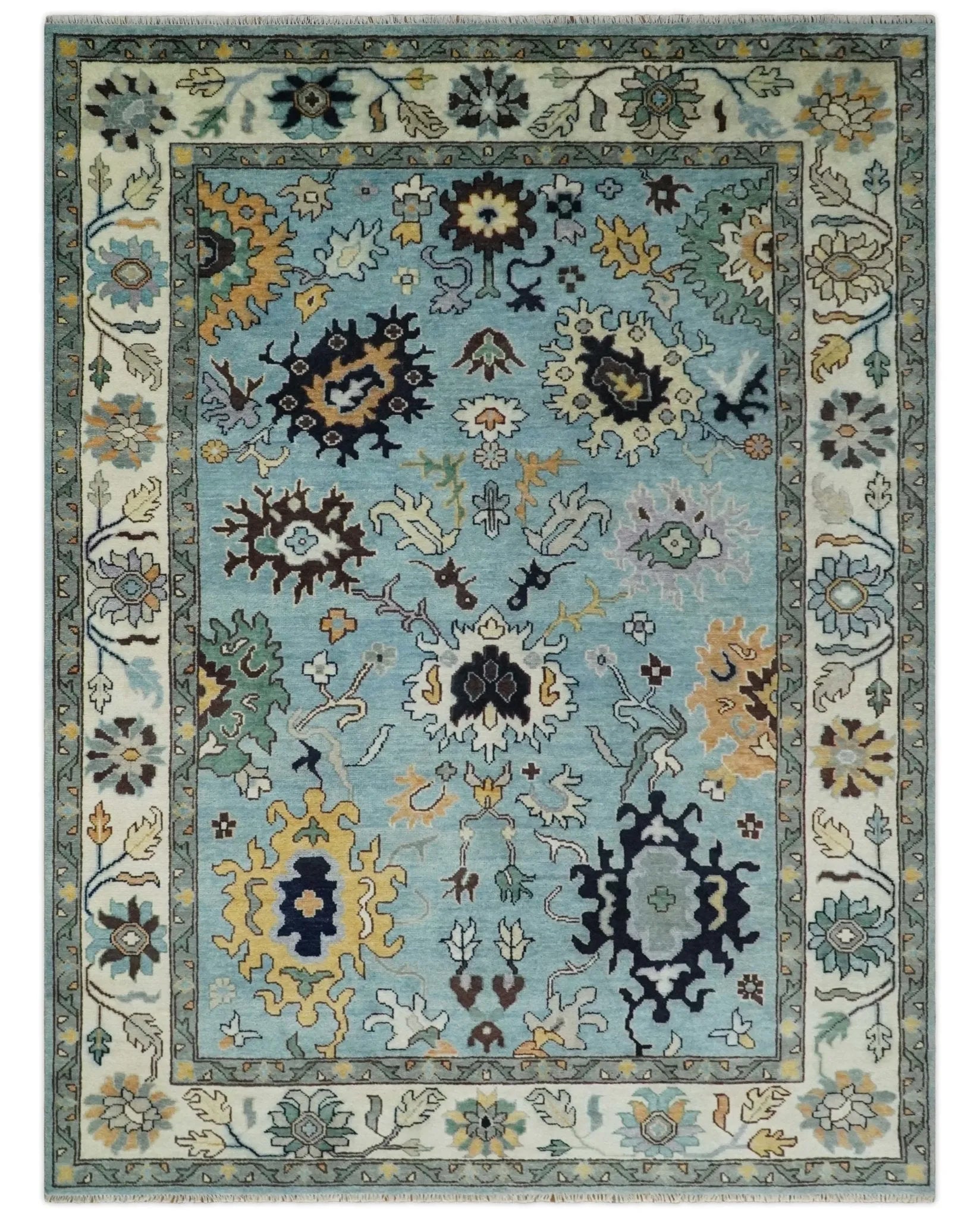 9x12 Modern Oushak Hand Knotted Persian Blue and Ivory Colorful Wool Area Rug | TRDCP852912