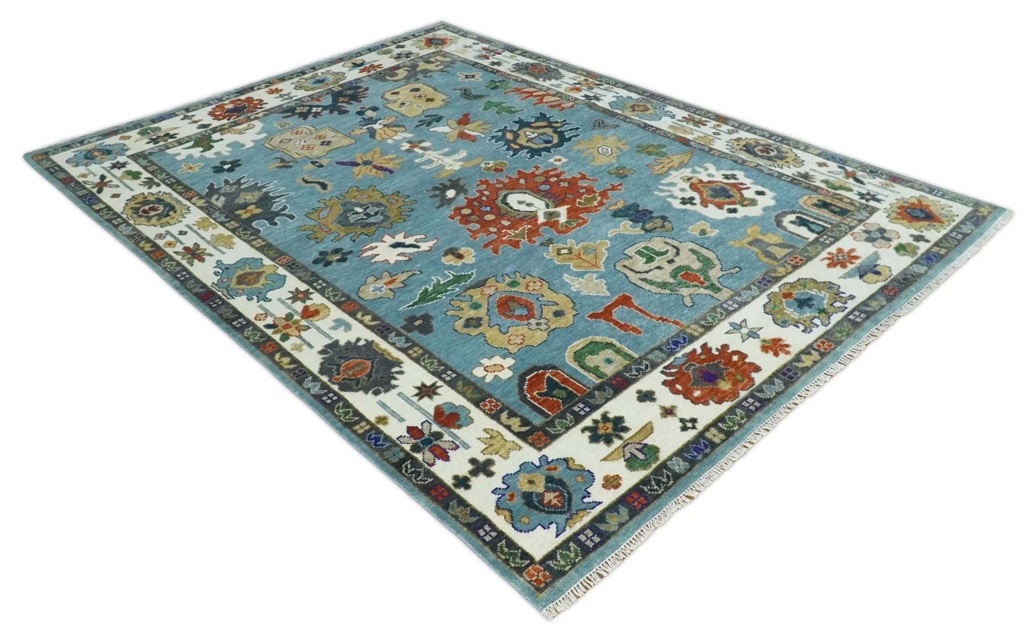 9x12 Wool Traditional Persian Blue and Ivory Colorful Hand knotted Oushak Area Rug | TRDCP1067912