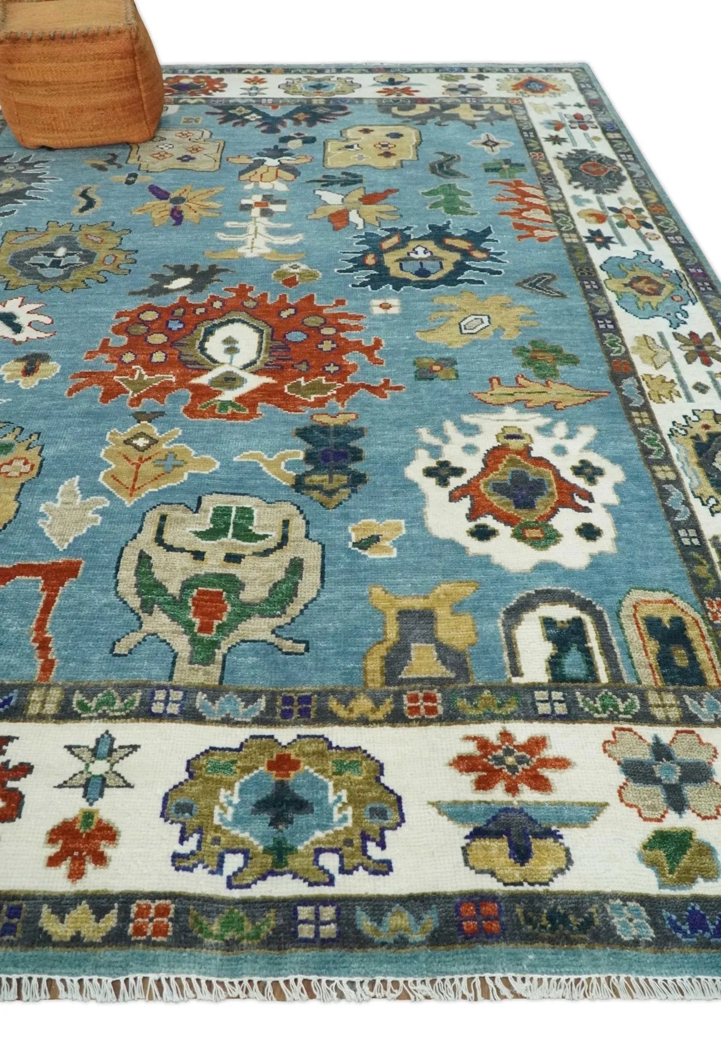 9x12 Wool Traditional Persian Blue and Ivory Colorful Hand knotted Oushak Area Rug | TRDCP1067912