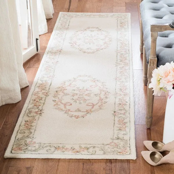 Aubusson Wool Rug in Ivory and Pink