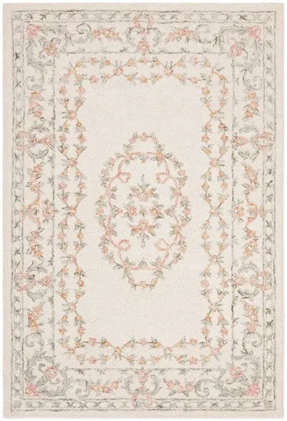 Aubusson Wool Rug in Ivory and Pink