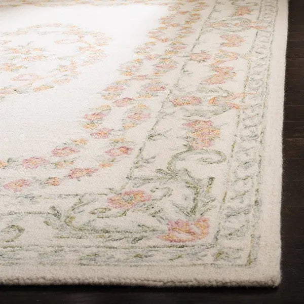 Aubusson Wool Rug in Ivory and Pink