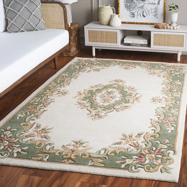 Aubusson Wool Rug in Ivory and Green