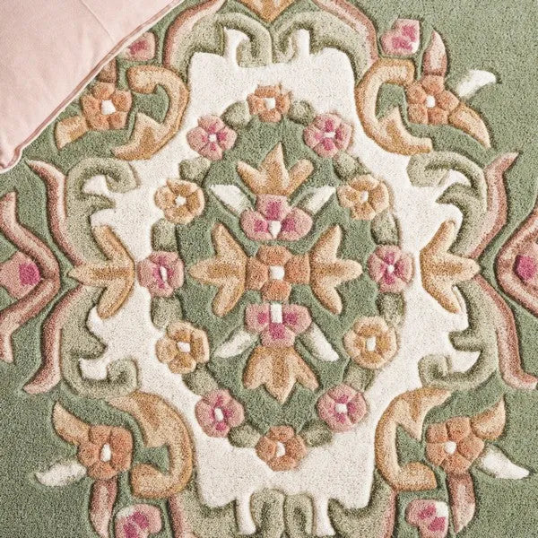 Aubusson Wool Rug in Green and Ivory