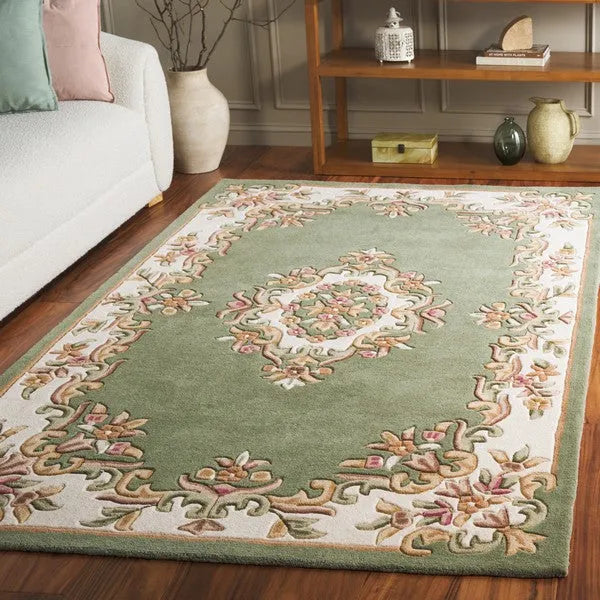 Aubusson Wool Rug in Green and Ivory