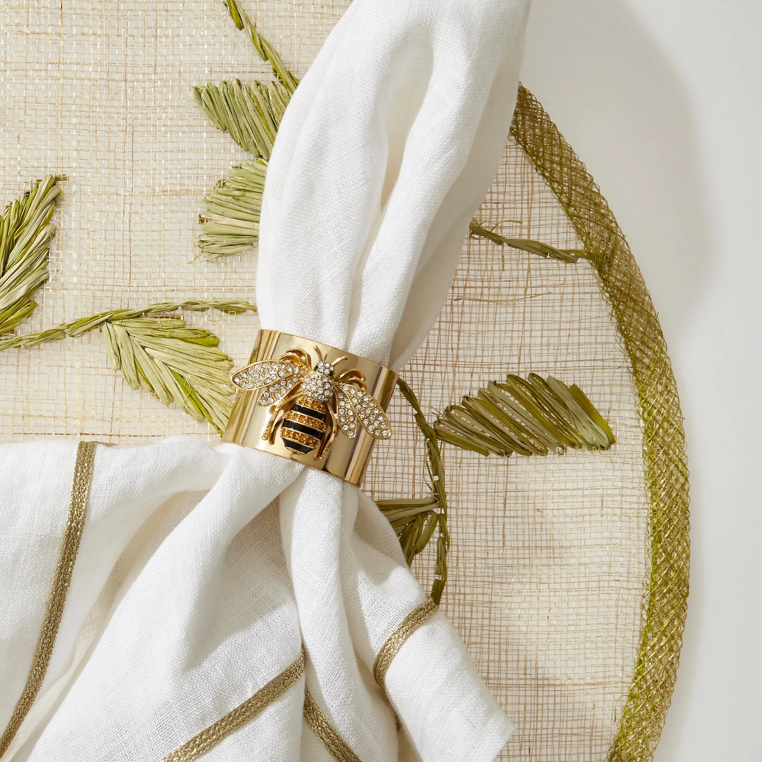 Gold trim linen dinner napkins, white, set of two