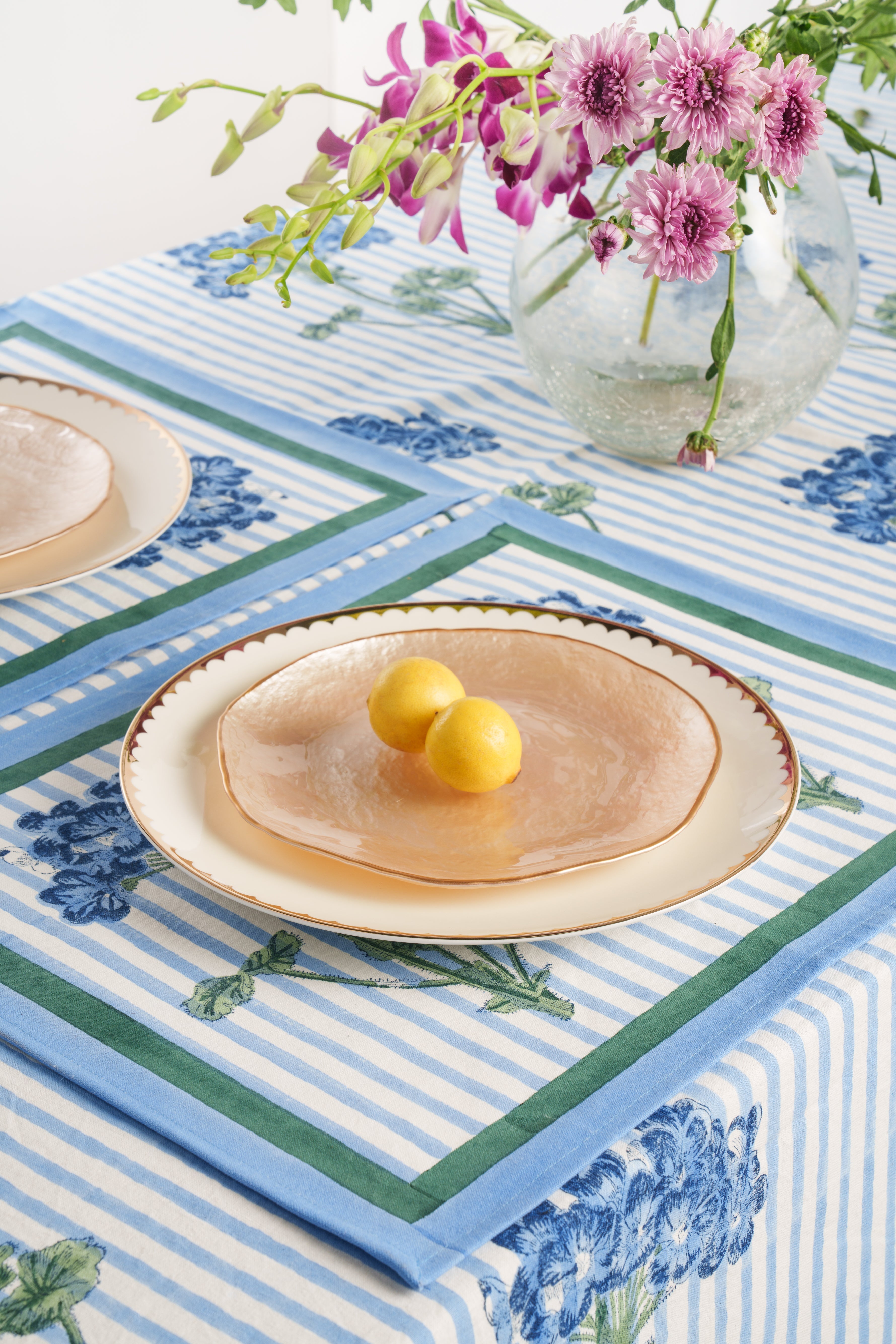 Blue Hydrangea Blockprint Tablecloth