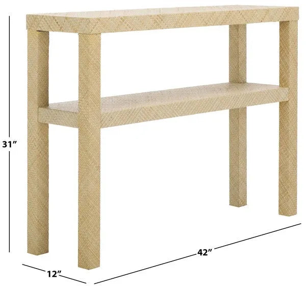 Apis Raffia Wood Console Table in Natural with Shelves