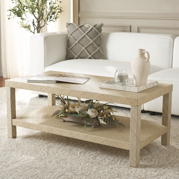 Apis Raffia Wood Coffee Table in Natural with Shelves