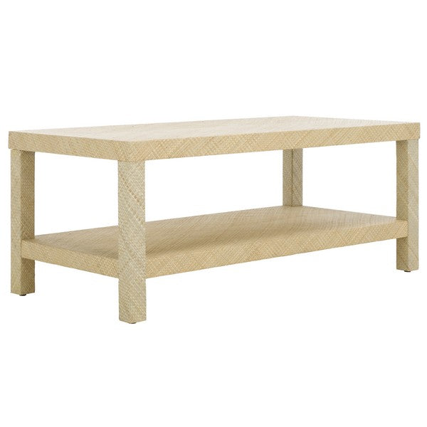 Apis Raffia Wood Coffee Table in Natural with Shelves