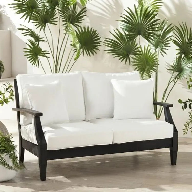 Martinique Wood Patio Loveseat in Black/White with Upholstered Cushion