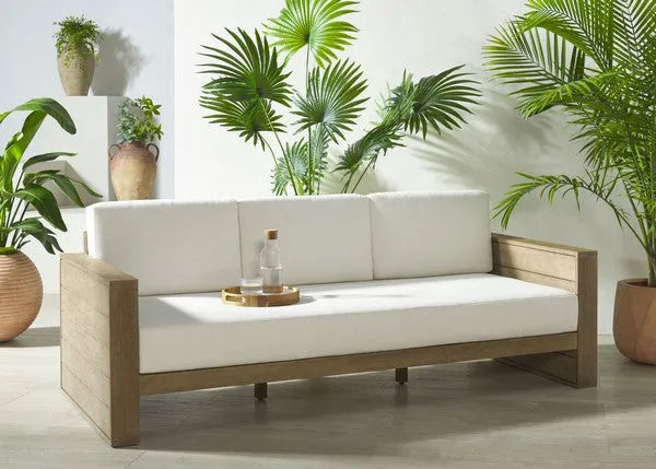 Santiago Eucalyptus Wood Patio Sofa in Natural/Beige with Upholstered Cushion