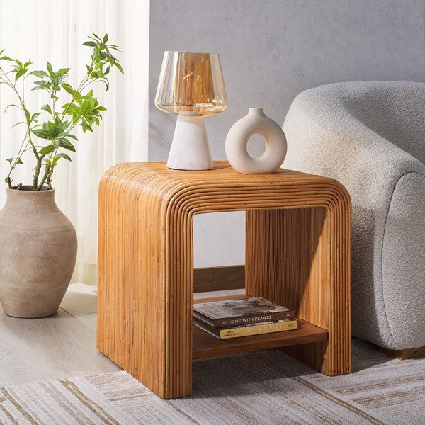 Safavieh Dellabryn Rattan Accent Table in Natural with Mahogany Shelf