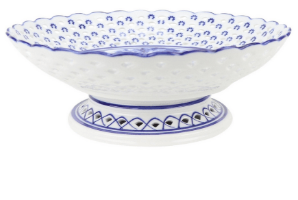 Scalloped Pierced Footed Dish in Blue/White with Village Scene