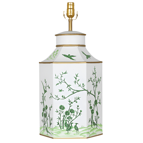 Hexagon Lamp Base in Ivory/Green with Chinoiserie Design