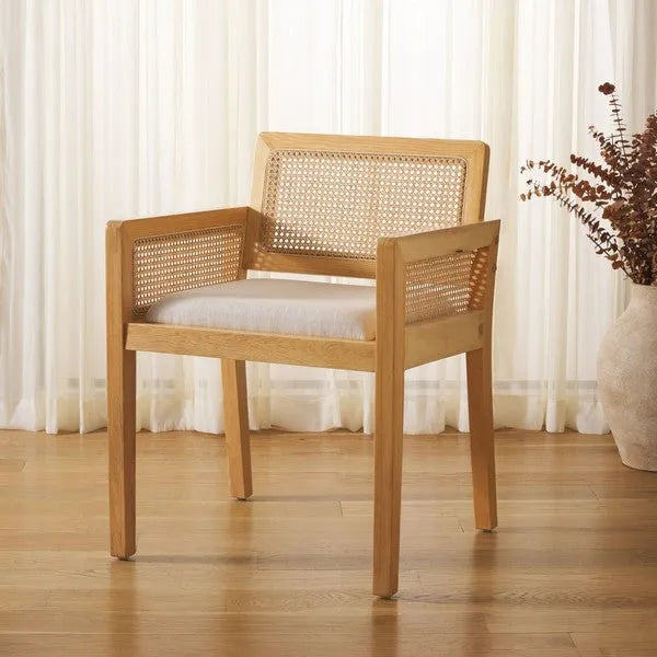 Patrina Rattan Armed Dining Chair in Natural/White with Cushion