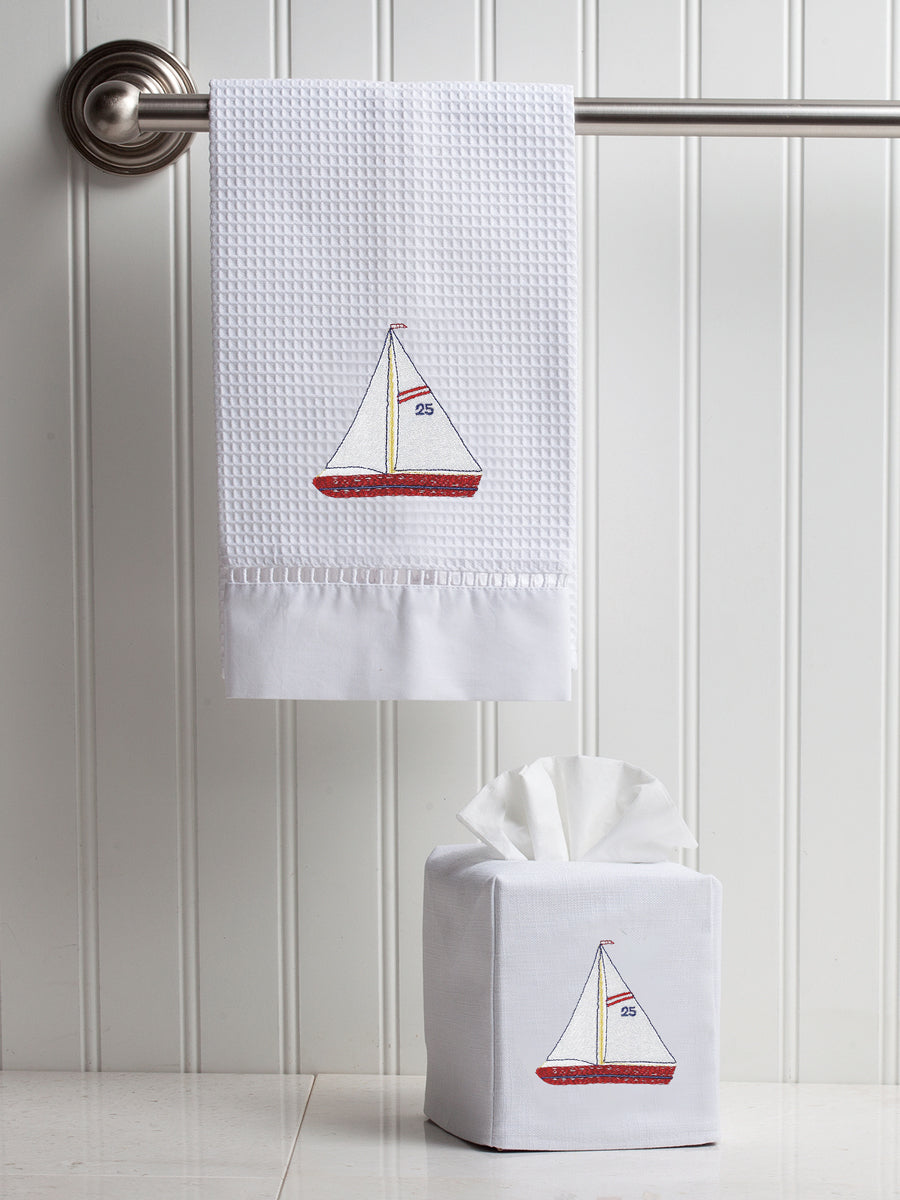 Guest Towel , Waffle Weave, Sailboat (Red, White)