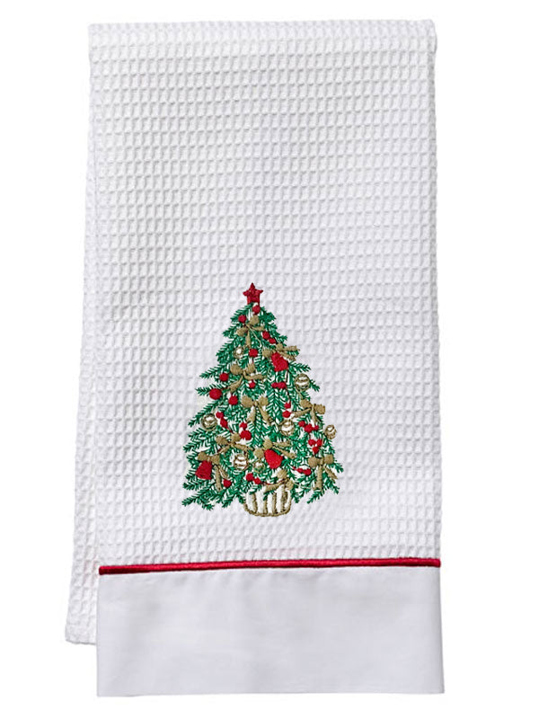 Guest Towel, Waffle Weave and Satin Trim, Christmas Tree