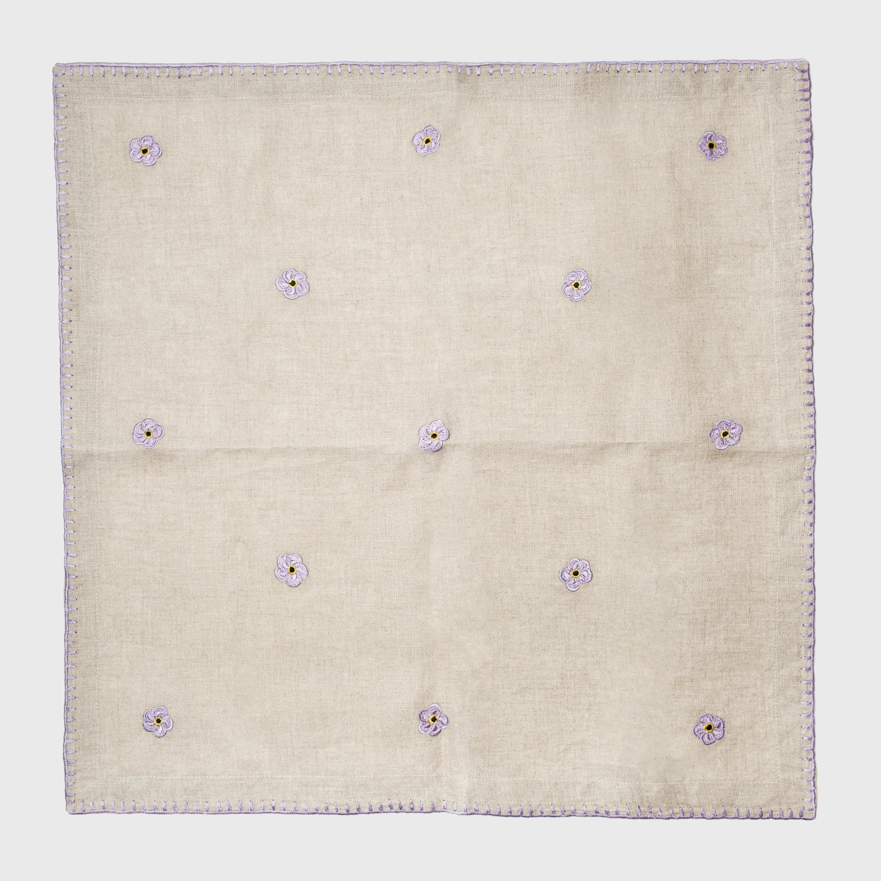 Violet embroidered dinner napkins, flax, set of two