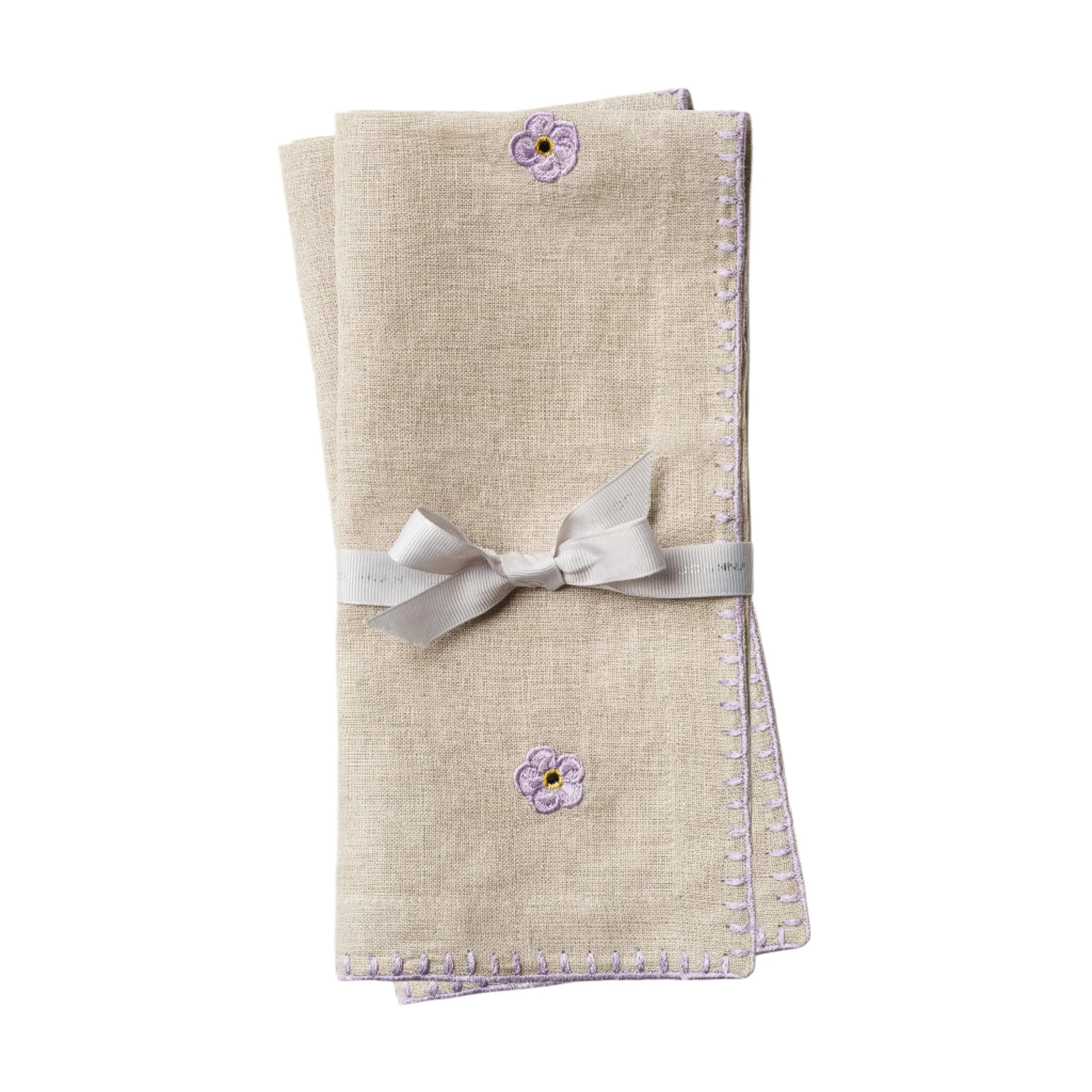 Violet embroidered dinner napkins, flax, set of two