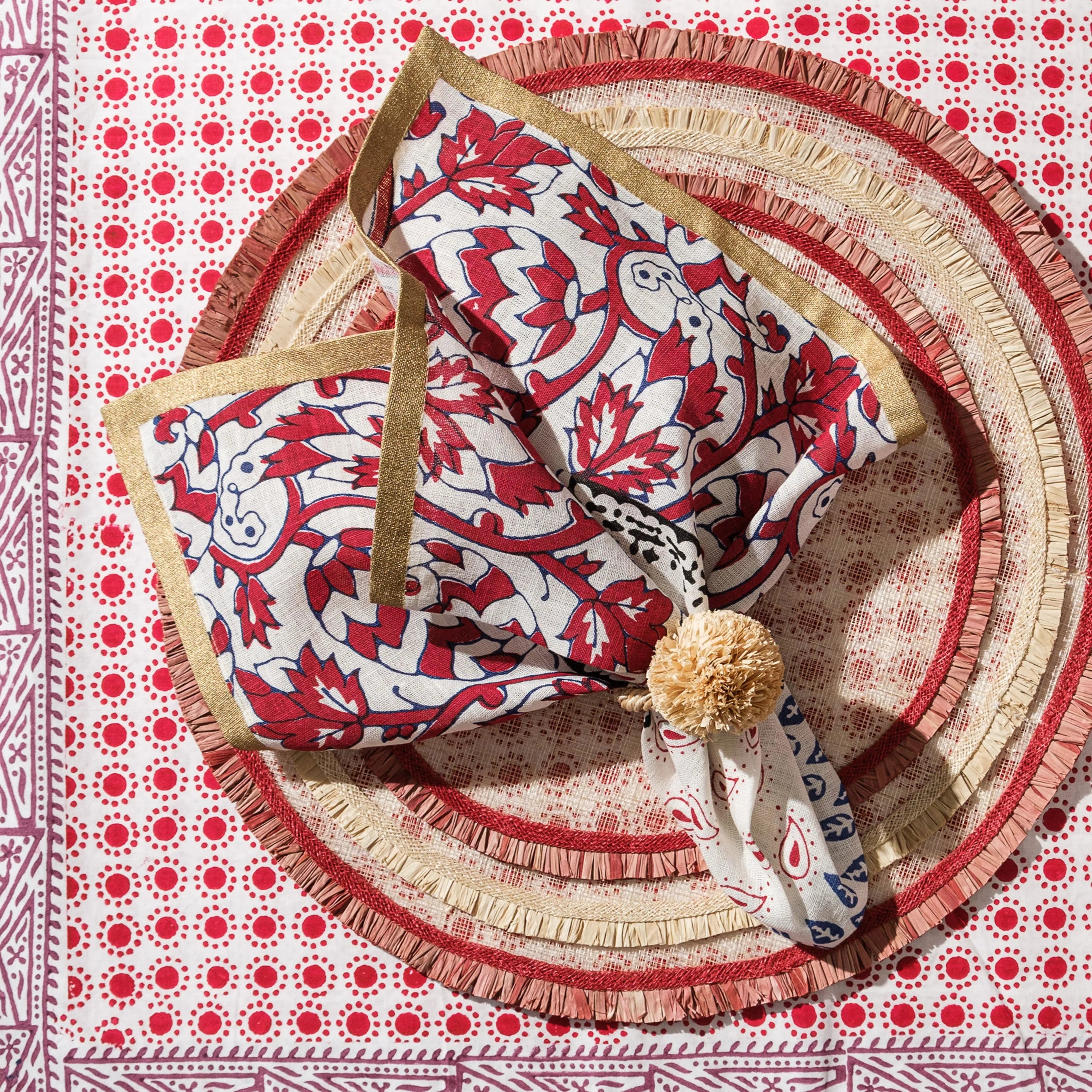 Joyful block print napkin, red, set of two