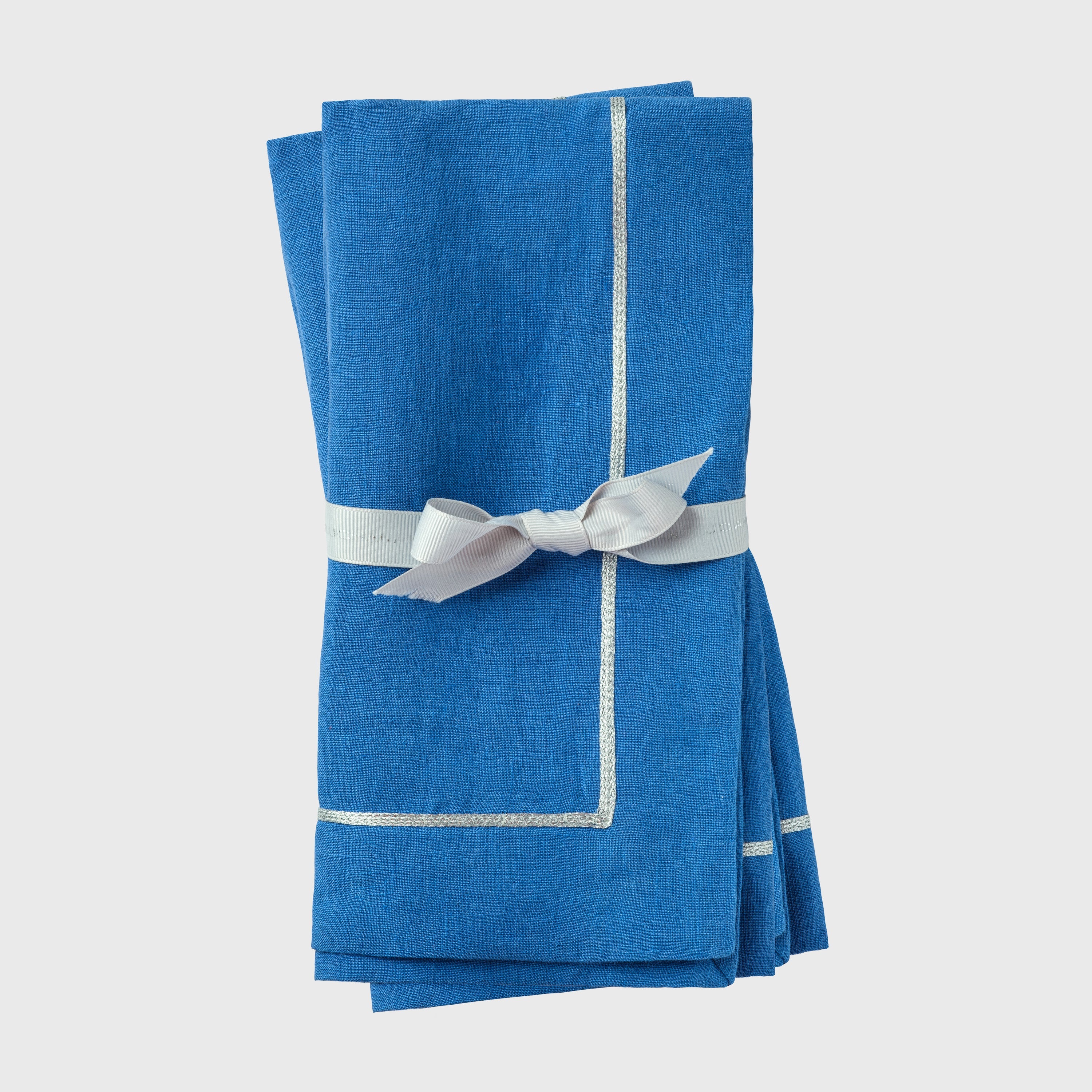 Silver trim dinner napkins, bright blue, set of two