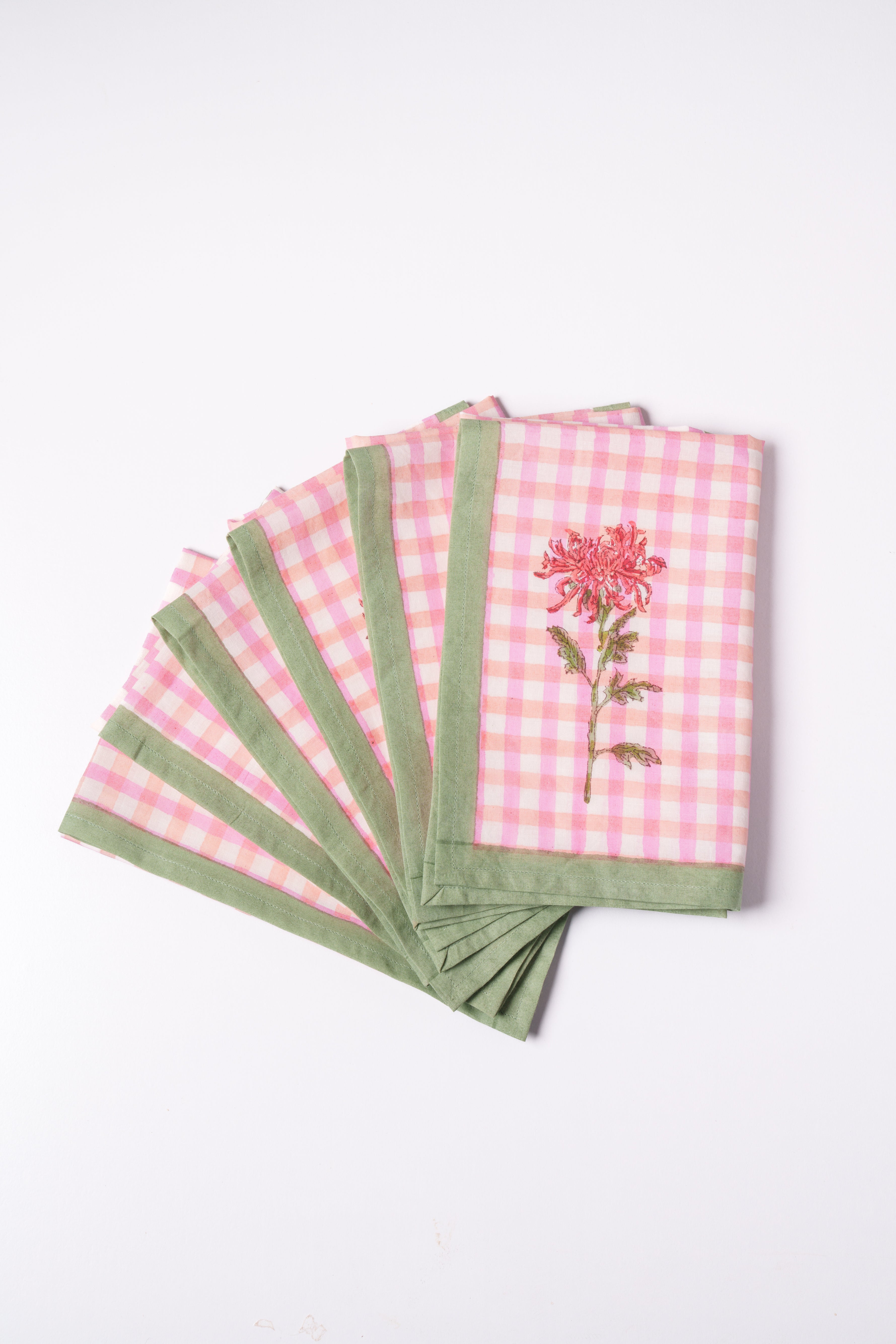 Dahlia Gingham Blockprint Napkins, Set of 4