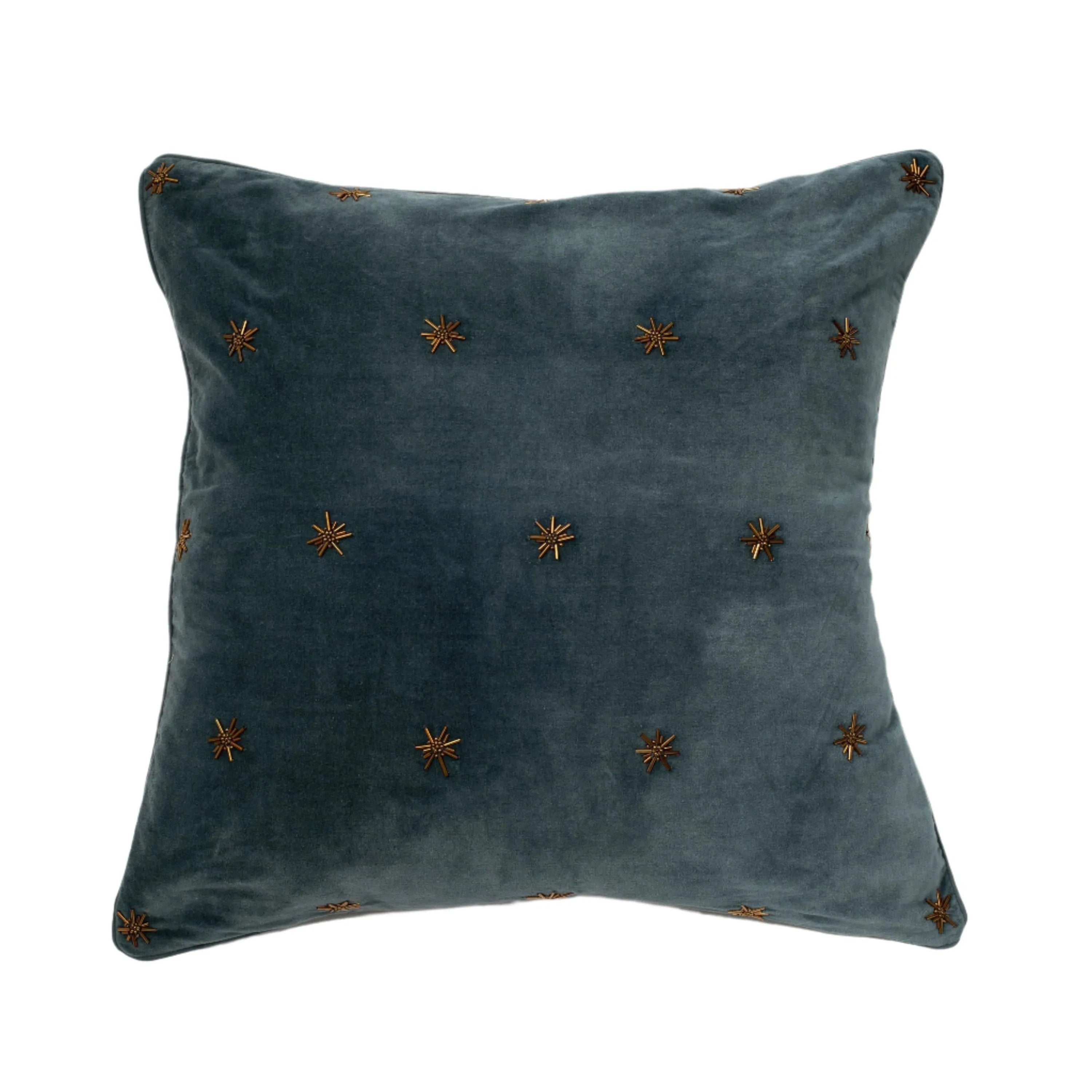 Embroidered star pillow, dark grey cotton velvet