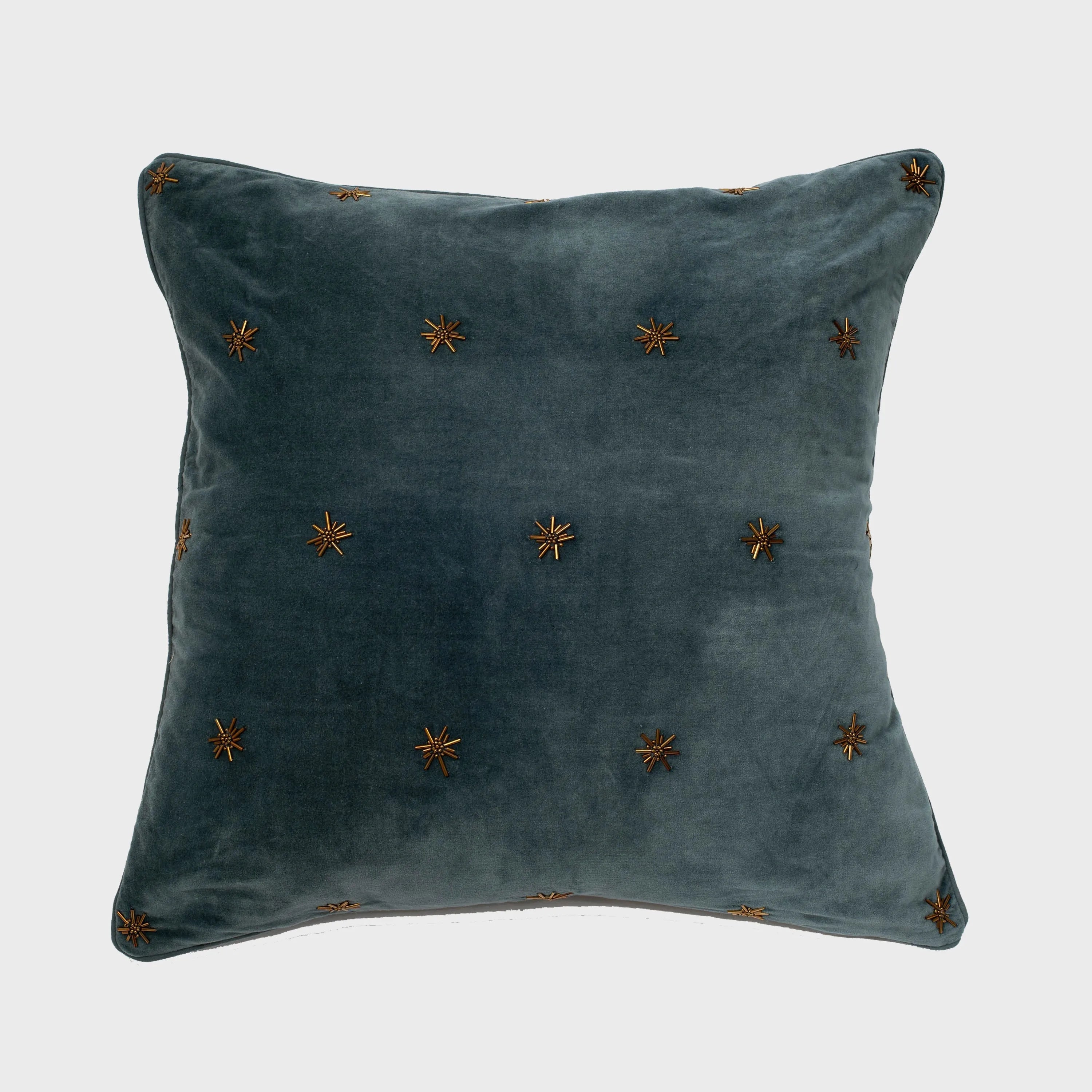 Embroidered star pillow, dark grey cotton velvet