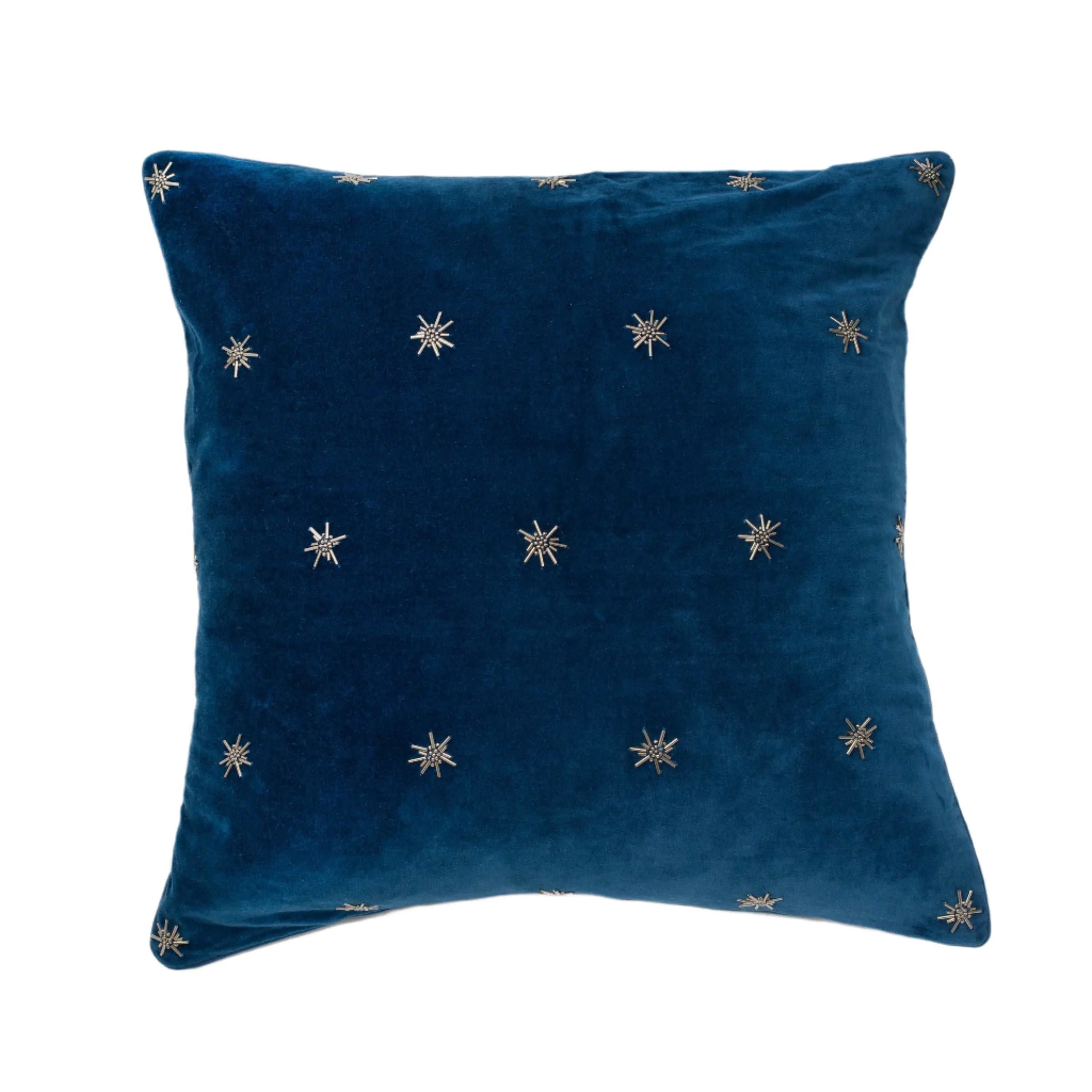 Embroidered star pillow, navy cotton velvet