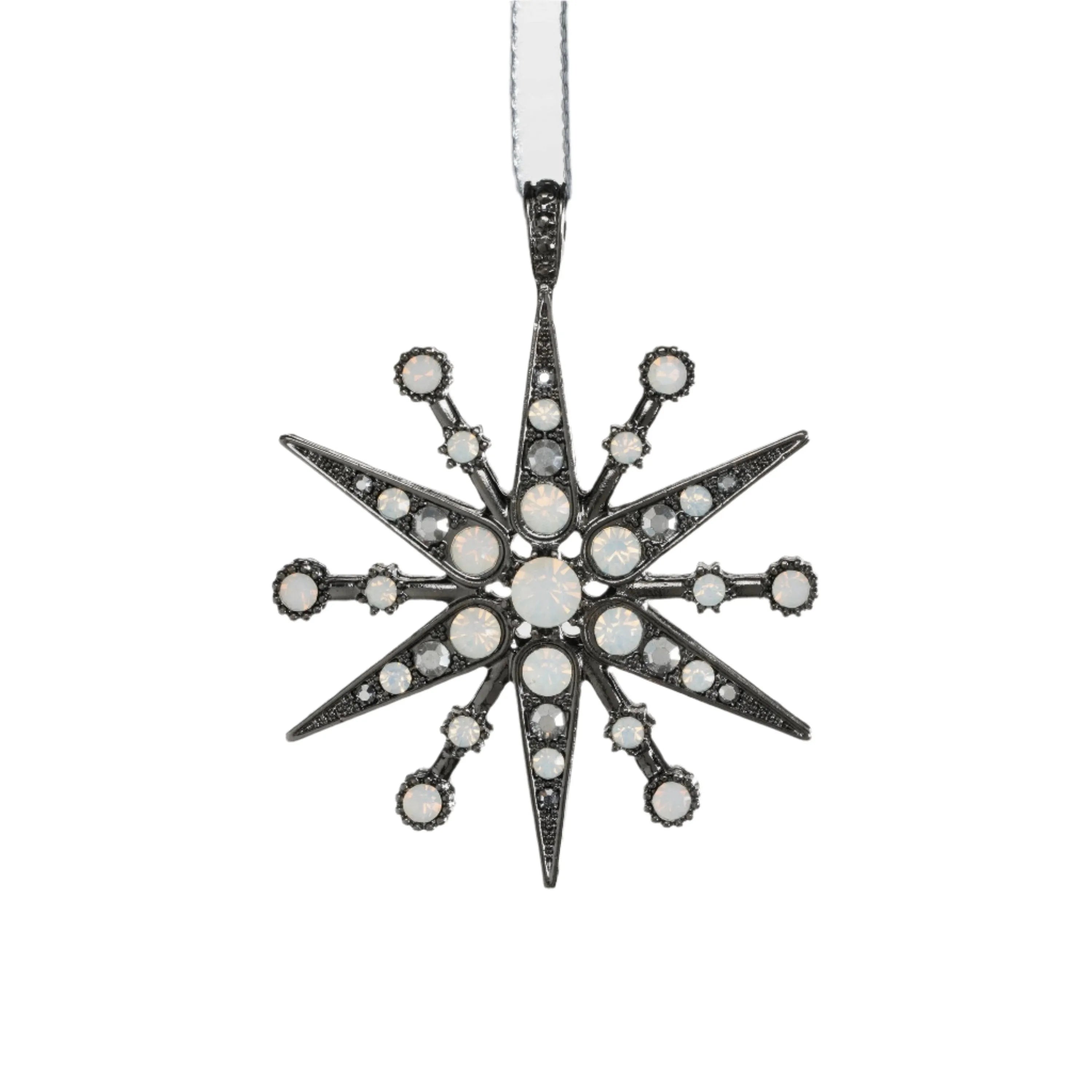 Deco snowflake hanging ornament, hematite and opal