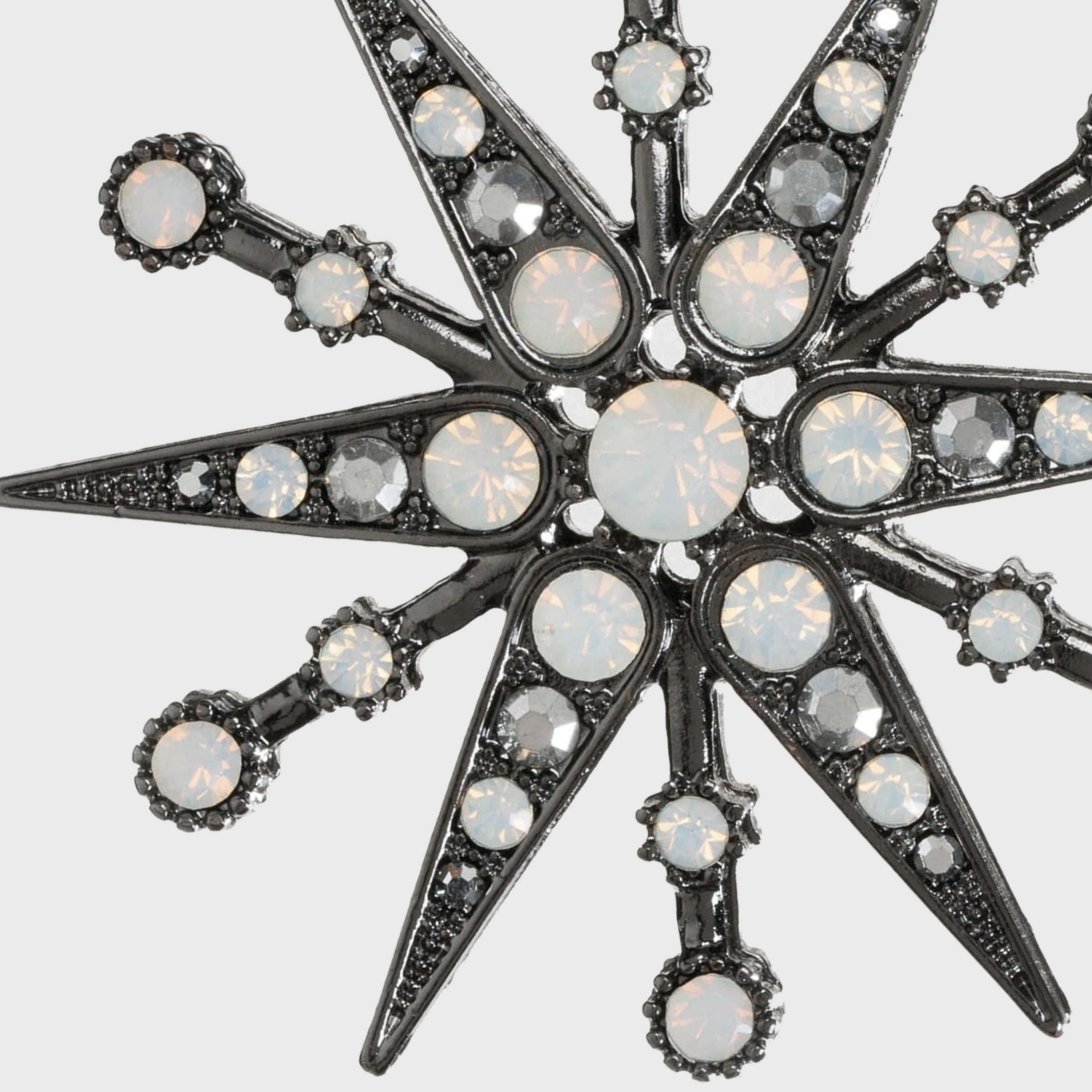 Deco snowflake hanging ornament, hematite and opal