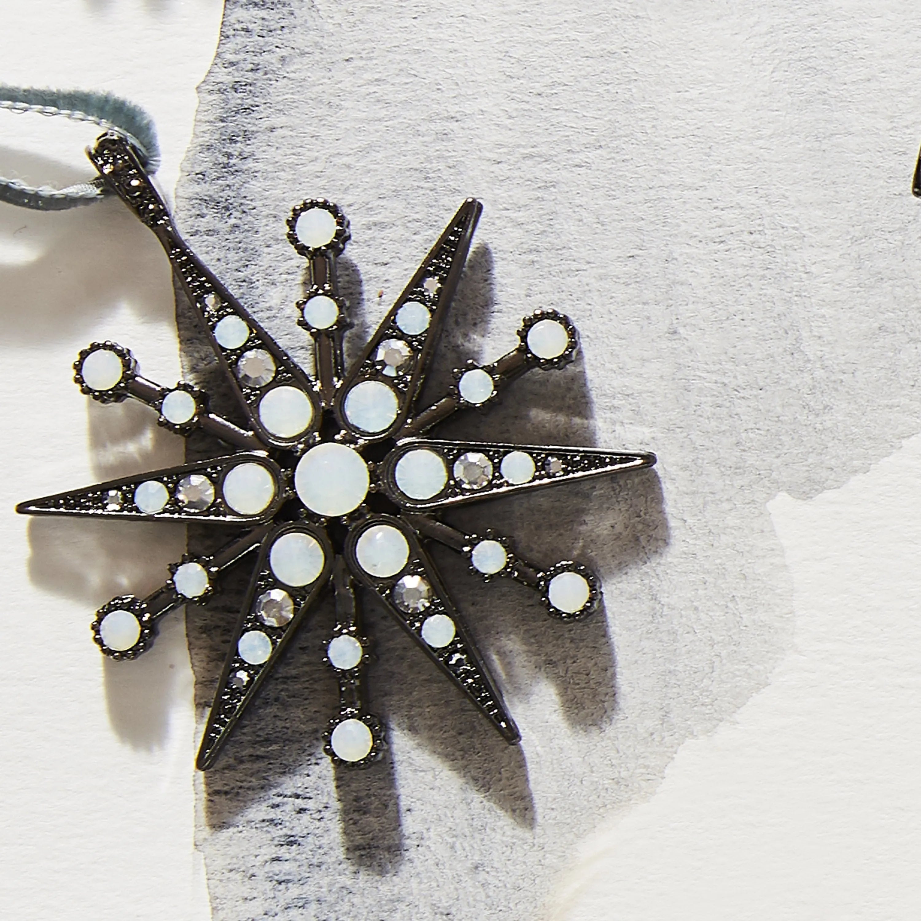 Deco snowflake hanging ornament, hematite and opal