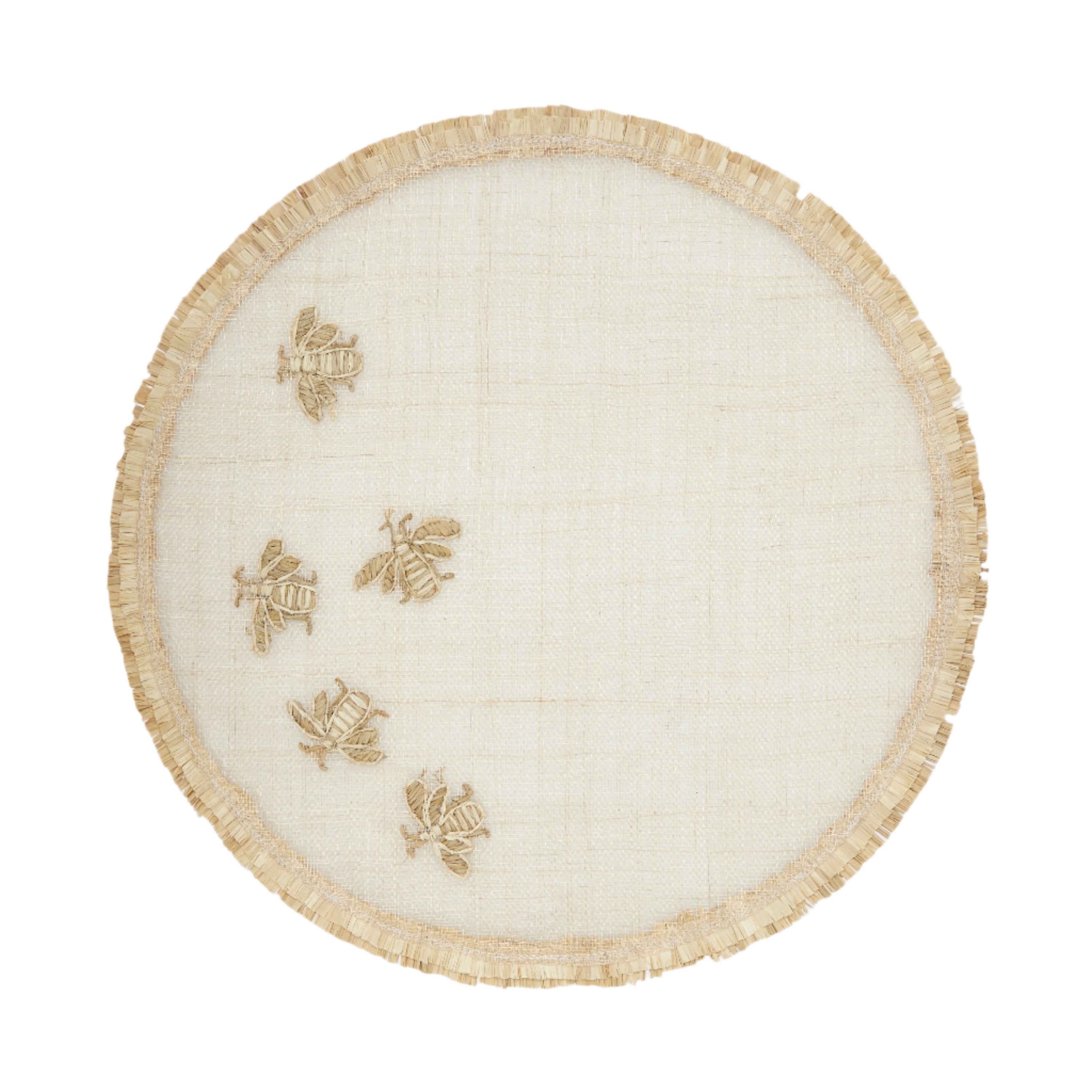 Abaca Placemat with Embroidered Bee and Double Fringe Edge (Set of 4)