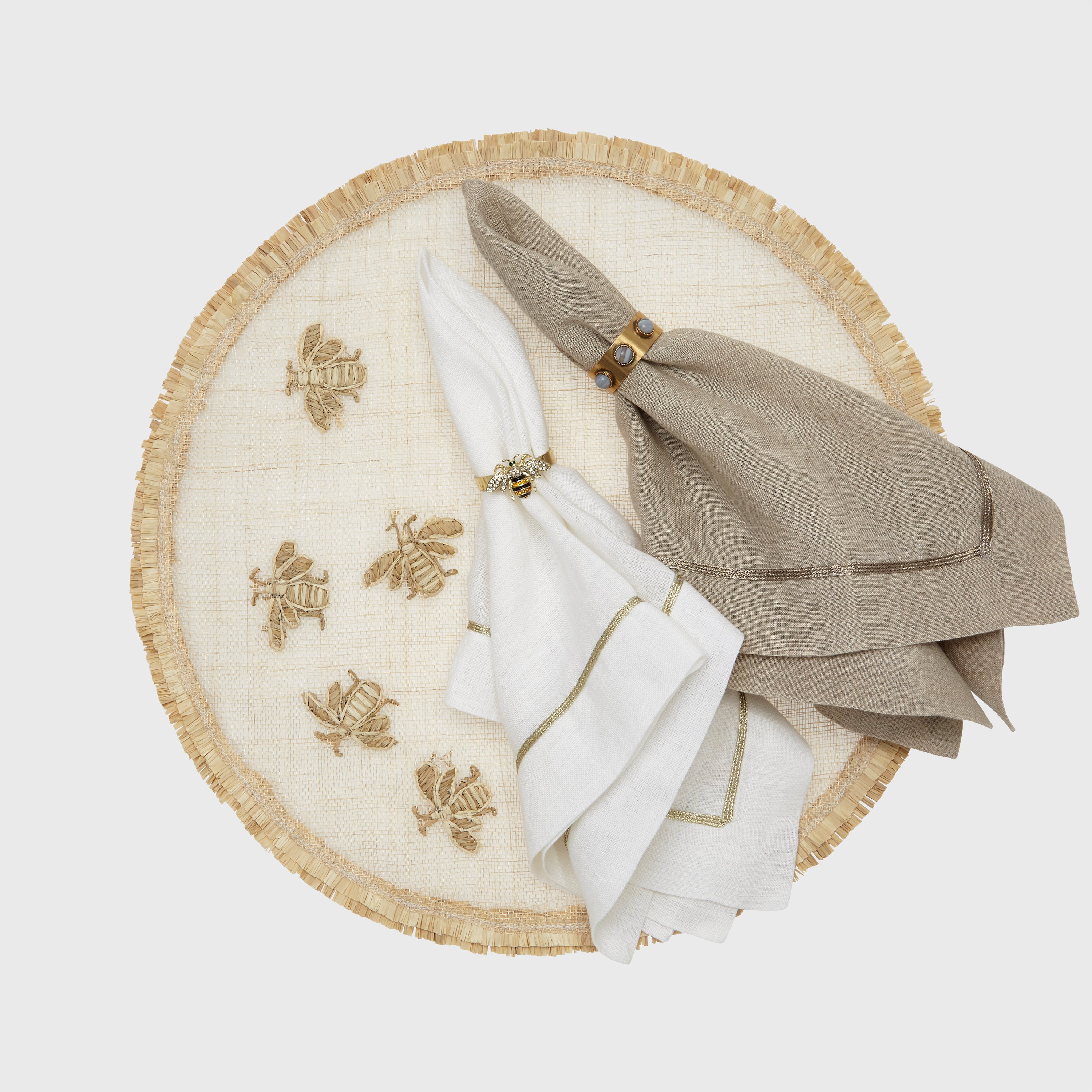 Abaca Placemat with Embroidered Bee and Double Fringe Edge (Set of 4)