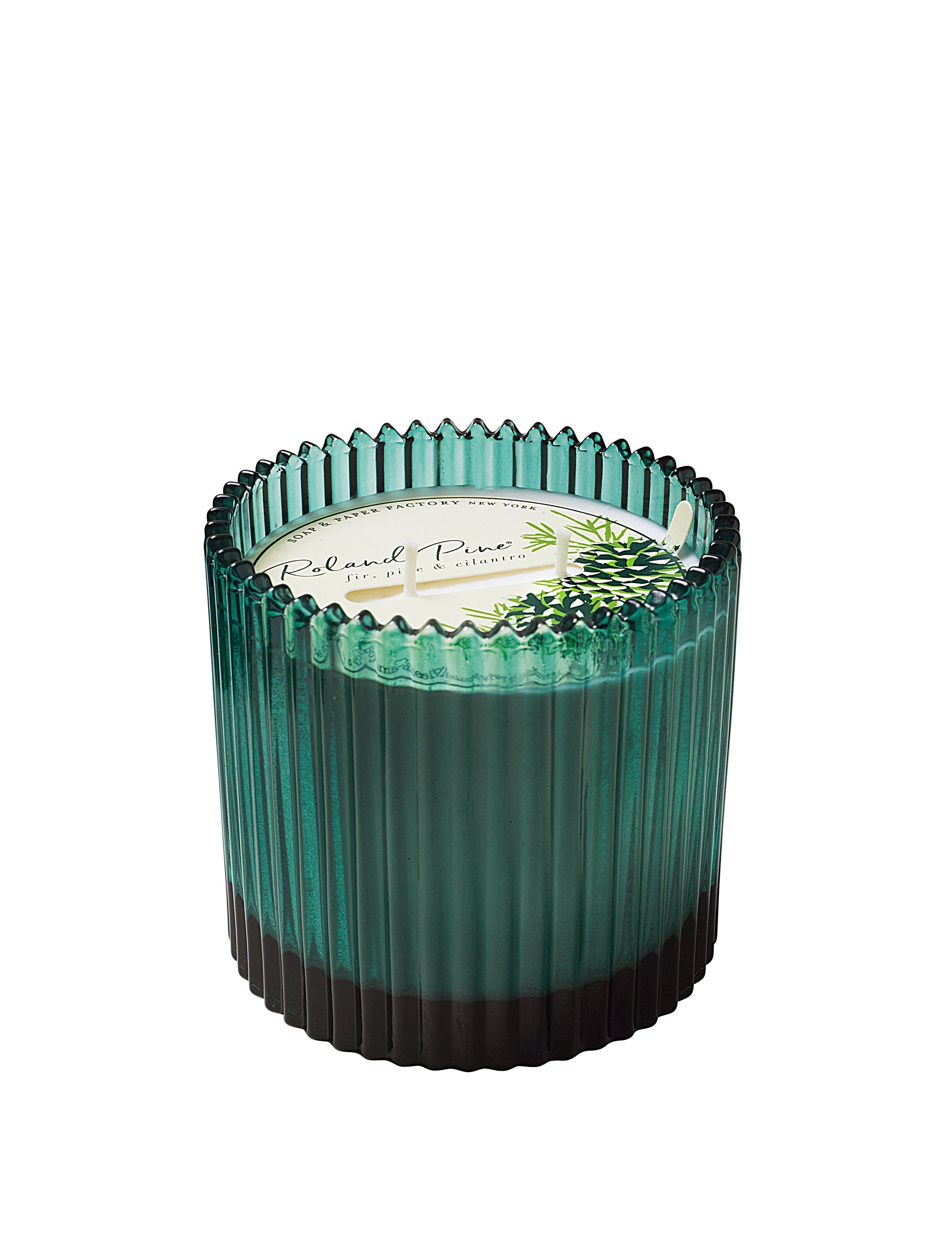 Roland Pine Two-Wick Forest Green Ribbed Glass Candle