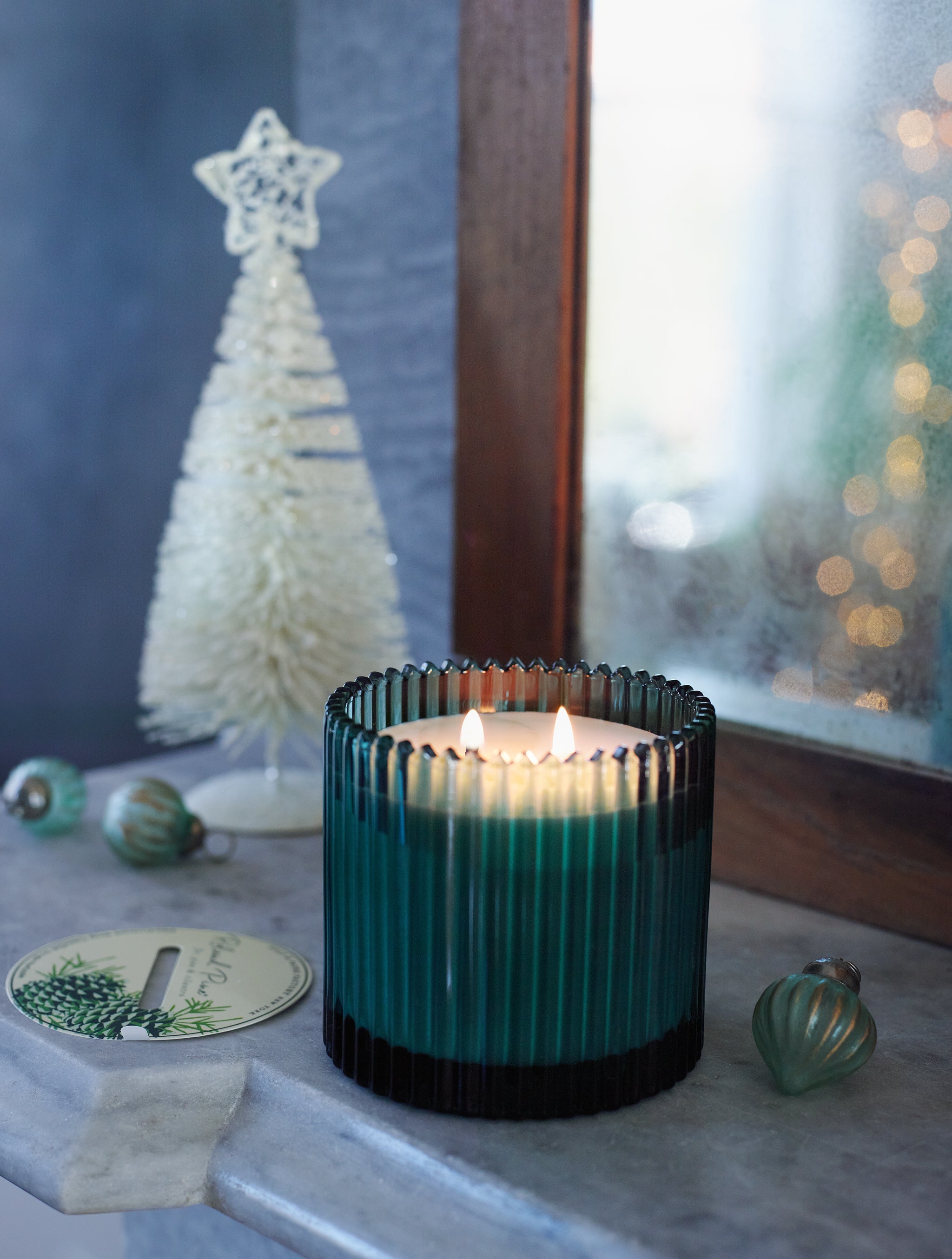 Roland Pine Two-Wick Forest Green Ribbed Glass Candle