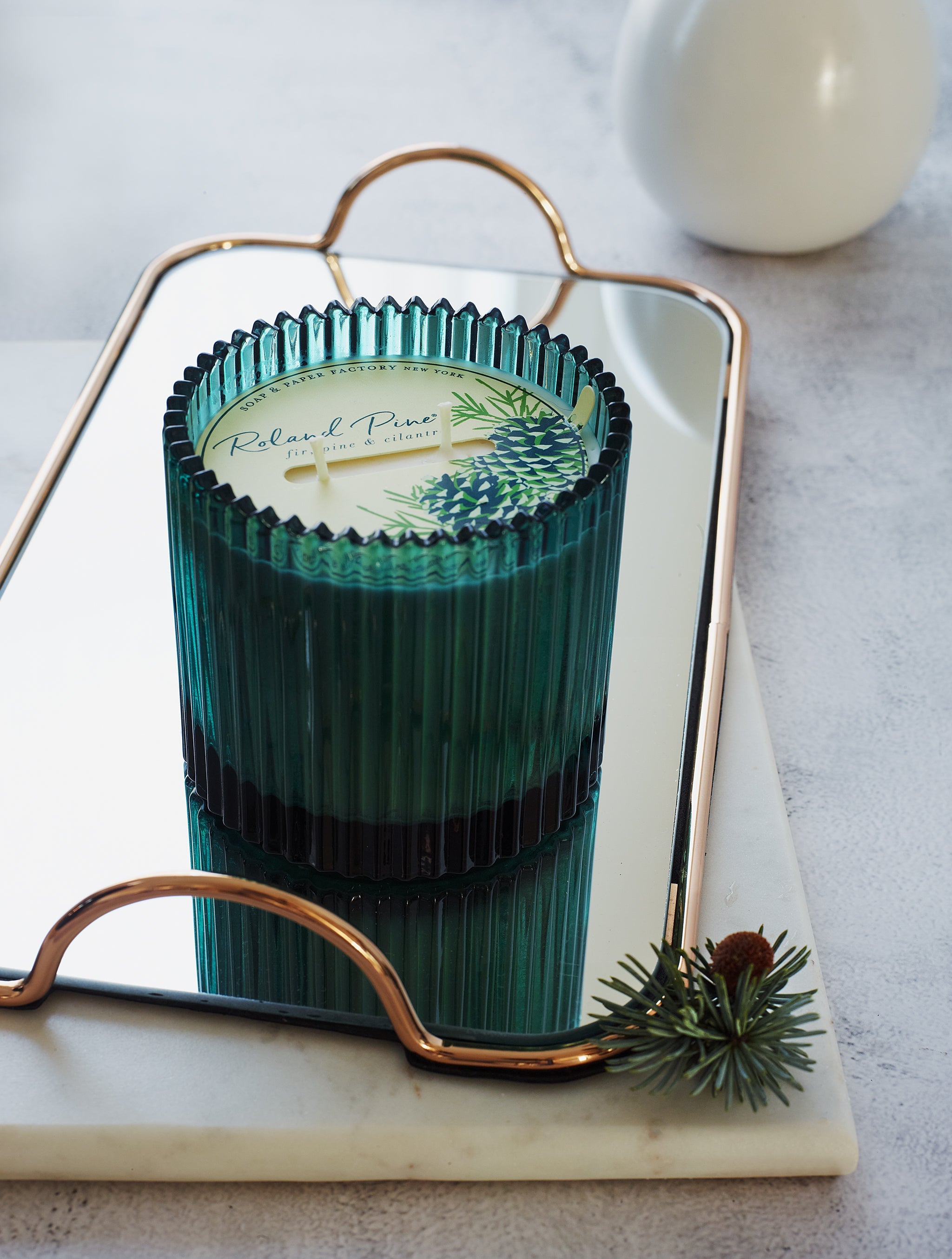 Roland Pine Two-Wick Forest Green Ribbed Glass Candle