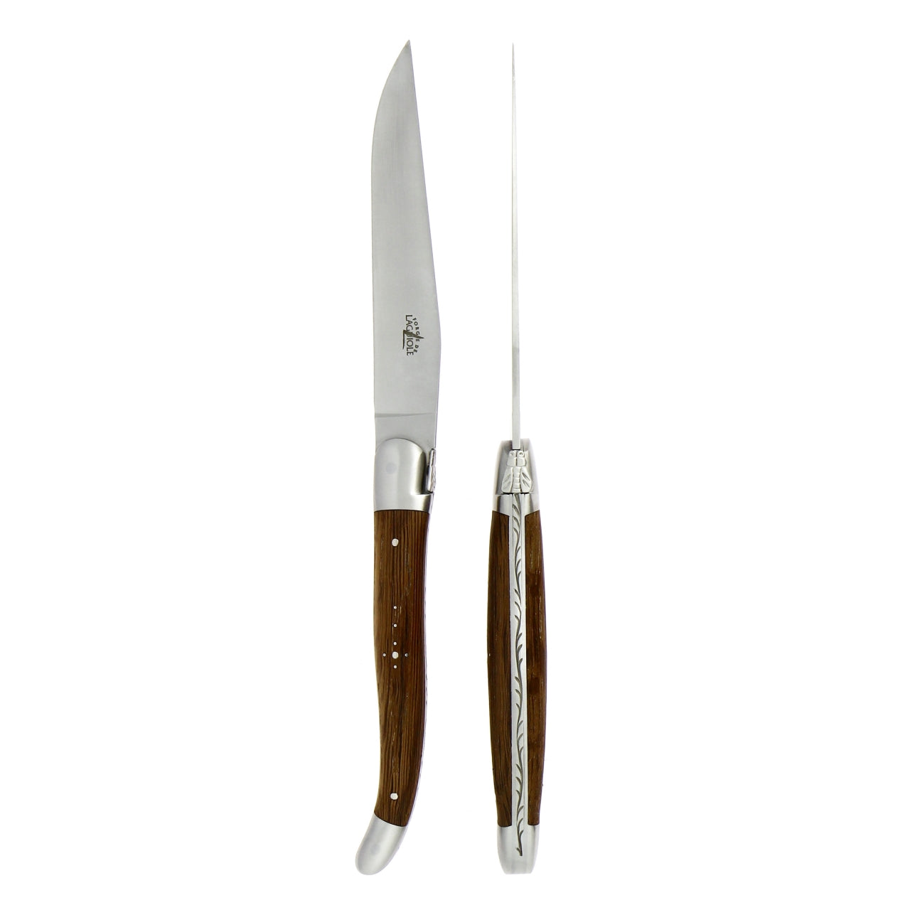 Forge de  Laguiole 2 Piece Steak Knife Set Fossilized Oak Heart Satin Finish