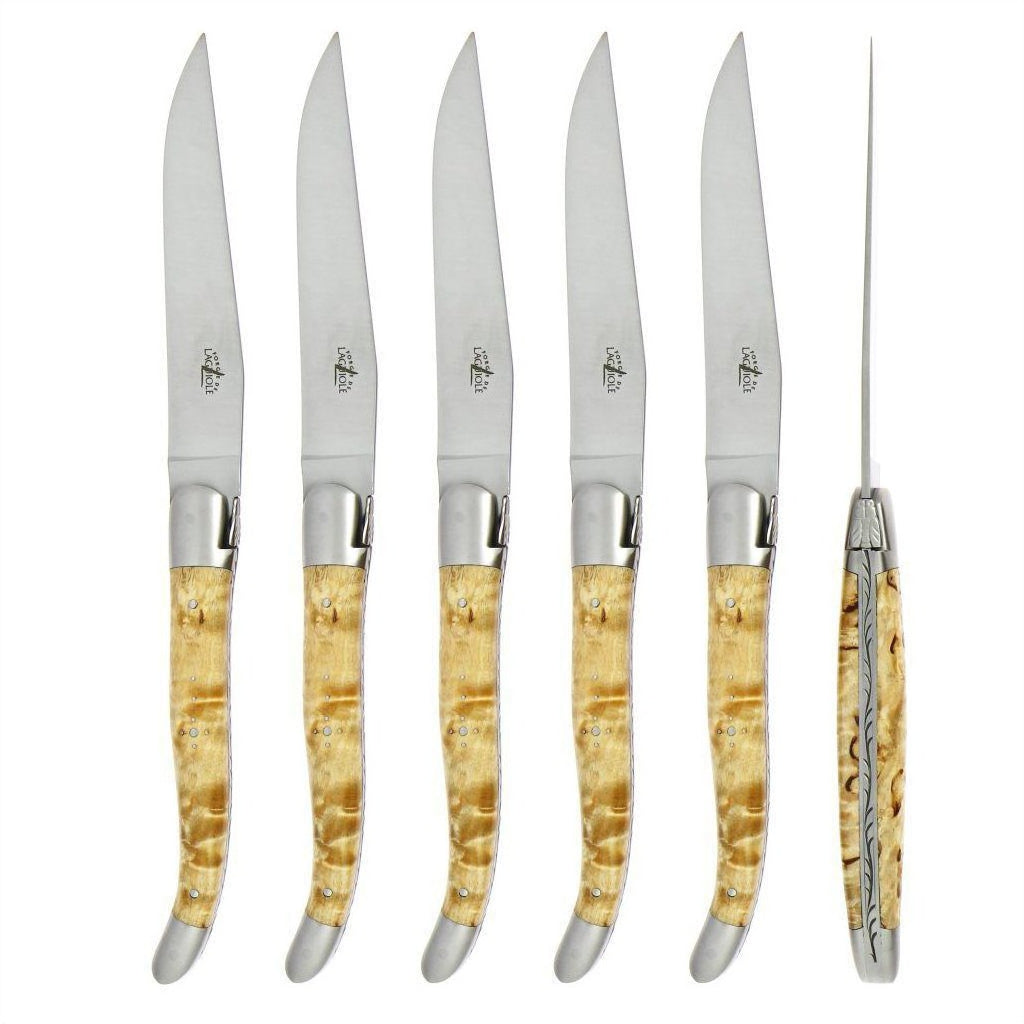 Forge de  Laguiole 6 Piece Steak Knife Set Birchwood Handle Satin Finish