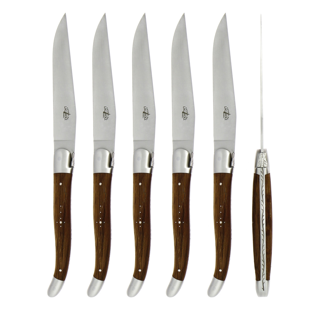 Forge de  Laguiole 6 Piece Steak Knife Set Fossilized Oak Heart Satin Finish