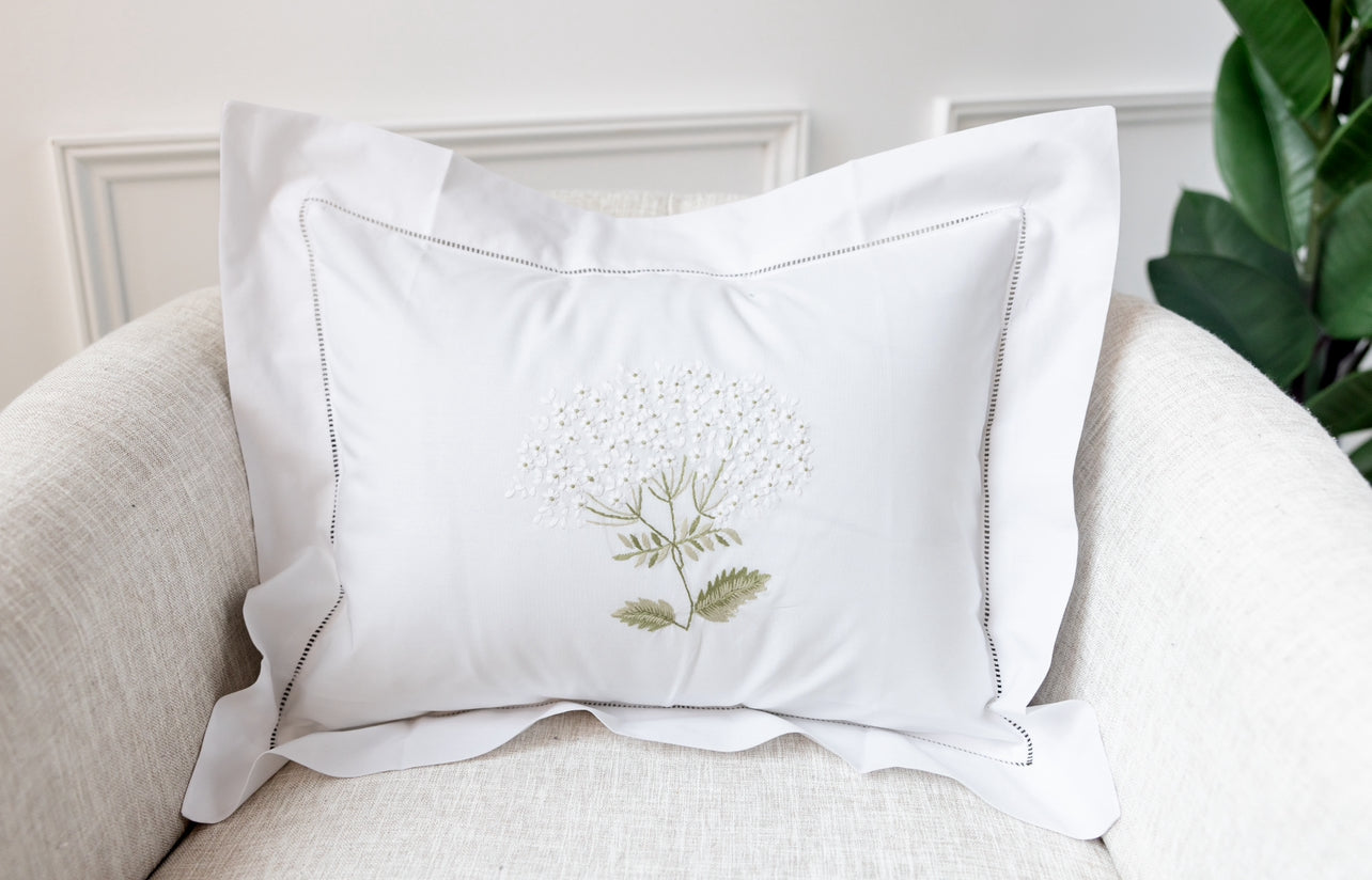 Boudoir Pillow Cover, Embroidered with Hem Stitch Border - Hydrangea (White)