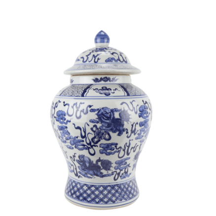 Porcelain Ginger Jar with Foo Dog and Trellis Border