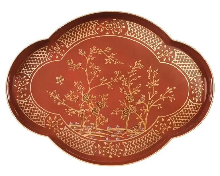 The Enchanted Home Incredible Chinoiserie Rusty Red & Gold Scalloped Tray